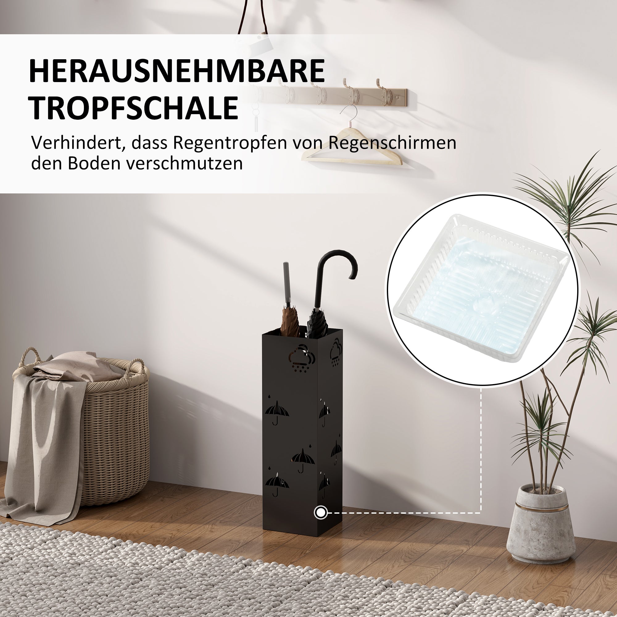 Umbrella Stand Umbrella Holder with 4 Hooks, Removable Water Collection Tray Decorative Umbrella Holder for Sun Umbrella, Rain Umbrellas & Walking Canes Steel 15.5 x 15.5 x 49 cm Black