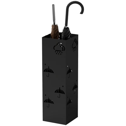 Umbrella Stand Umbrella Holder with 4 Hooks, Removable Water Collection Tray Decorative Umbrella Holder for Sun Umbrella, Rain Umbrellas & Walking Canes Steel 15.5 x 15.5 x 49 cm Black