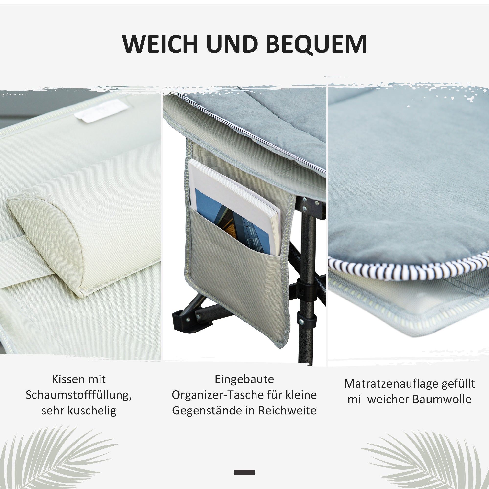 Folding Camping Bed with Mattress Carry Bag 188 x 64.5 x 53 cm Guest Bed up to 150 kg Load Capacity Camp Bed for Adults Folding Bed for Outdoor, Garden Camping Travel Light Grey