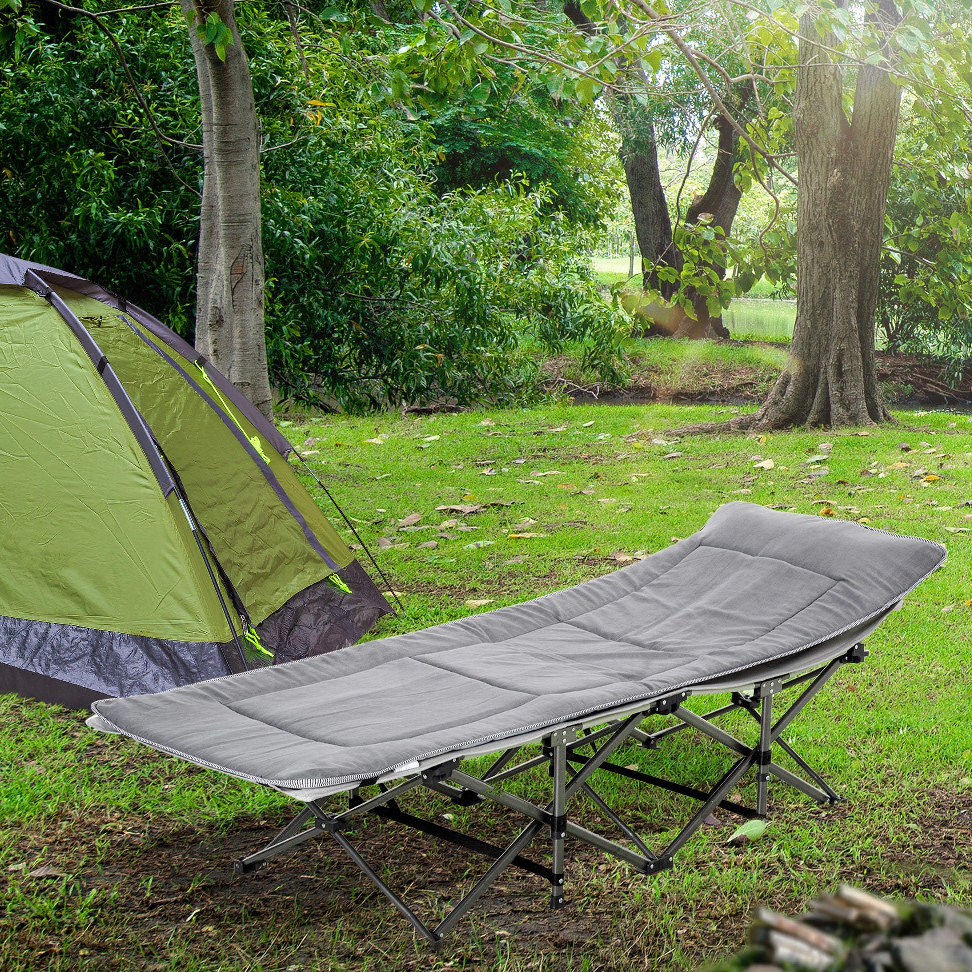 Folding Camping Bed with Mattress Carry Bag 188 x 64.5 x 53 cm Guest Bed up to 150 kg Load Capacity Camp Bed for Adults Folding Bed for Outdoor, Garden Camping Travel Light Grey