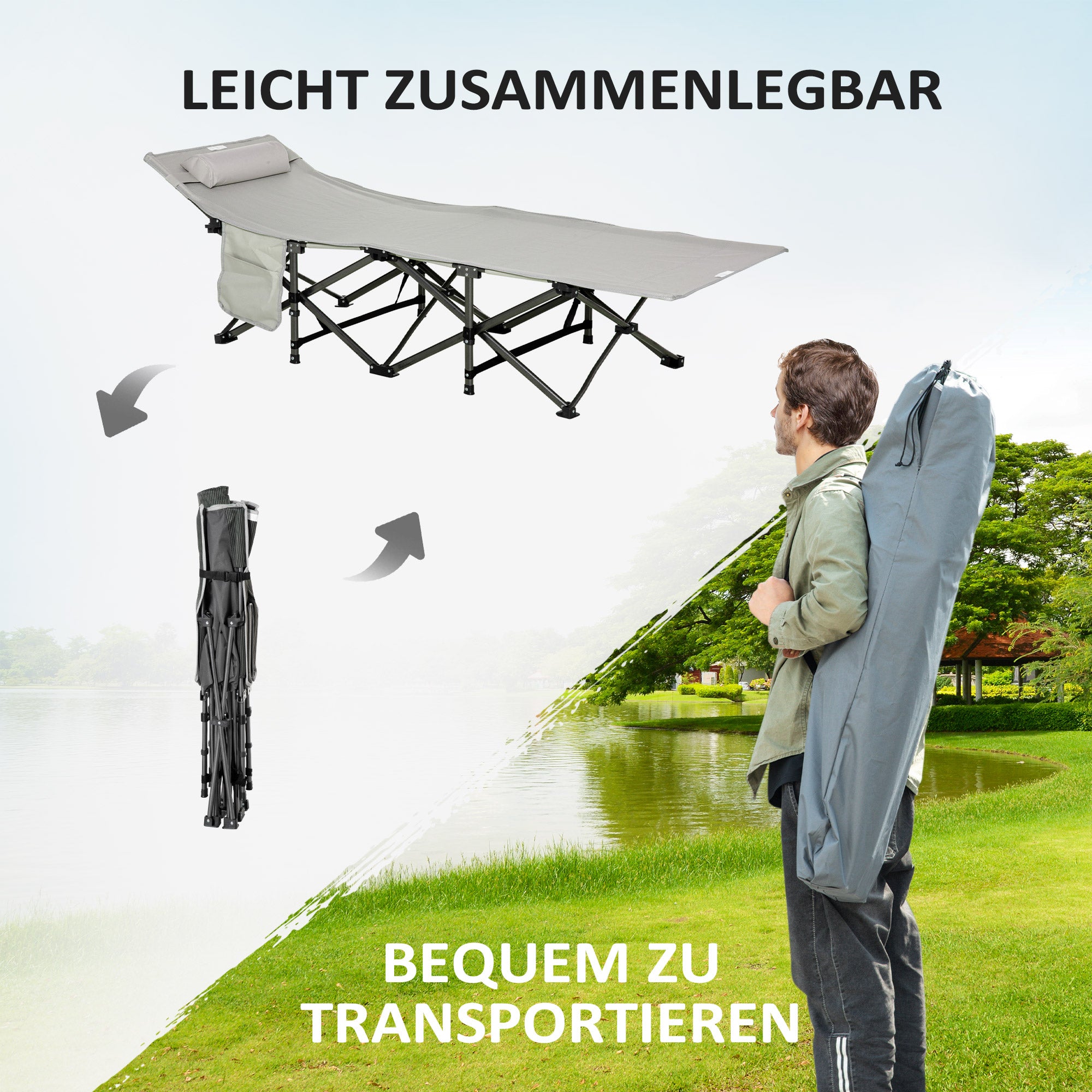 Folding Camping Bed with Mattress Carry Bag 188 x 64.5 x 53 cm Guest Bed up to 150 kg Load Capacity Camp Bed for Adults Folding Bed for Outdoor, Garden Camping Travel Light Grey
