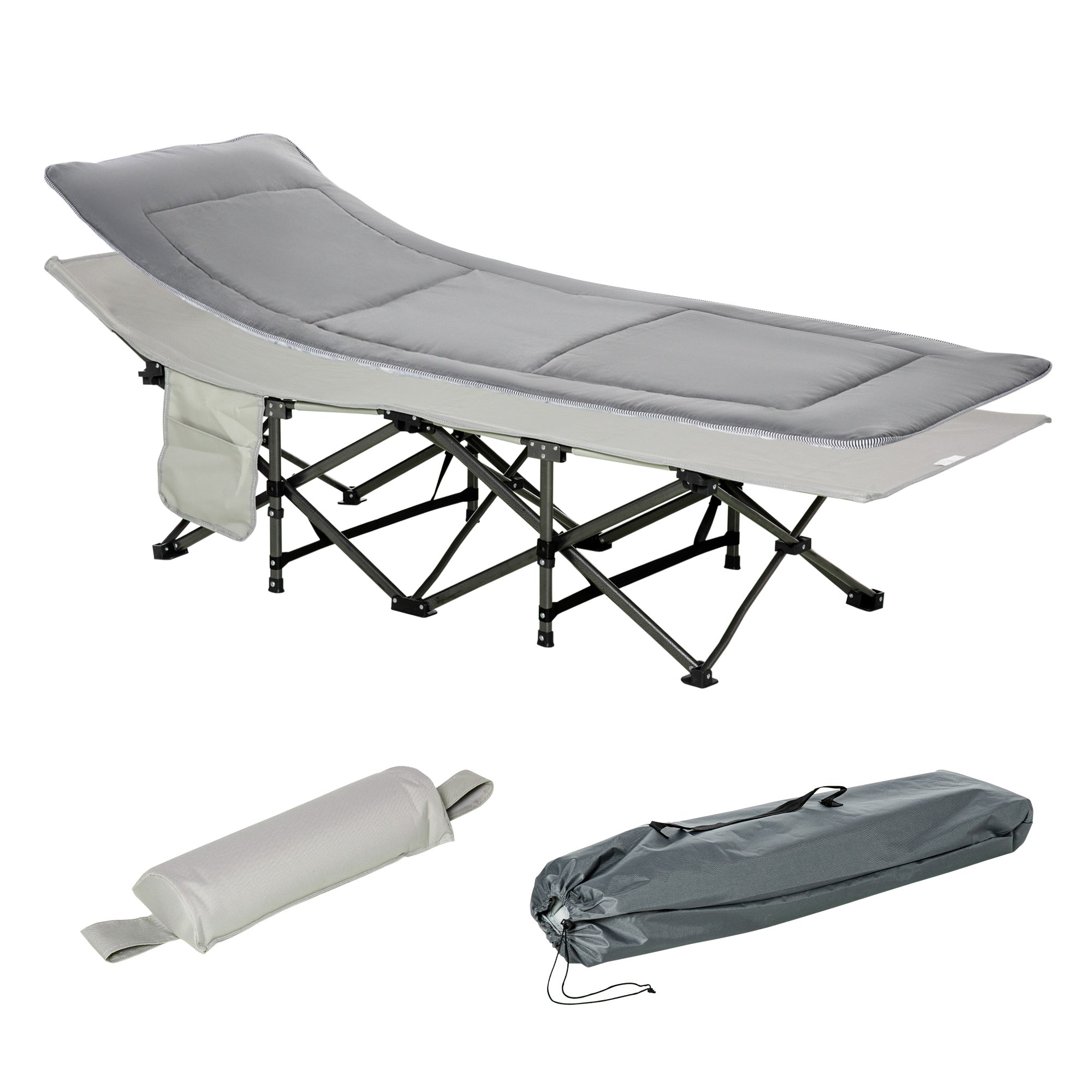 Folding Camping Bed with Mattress Carry Bag 188 x 64.5 x 53 cm Guest Bed up to 150 kg Load Capacity Camp Bed for Adults Folding Bed for Outdoor, Garden Camping Travel Light Grey