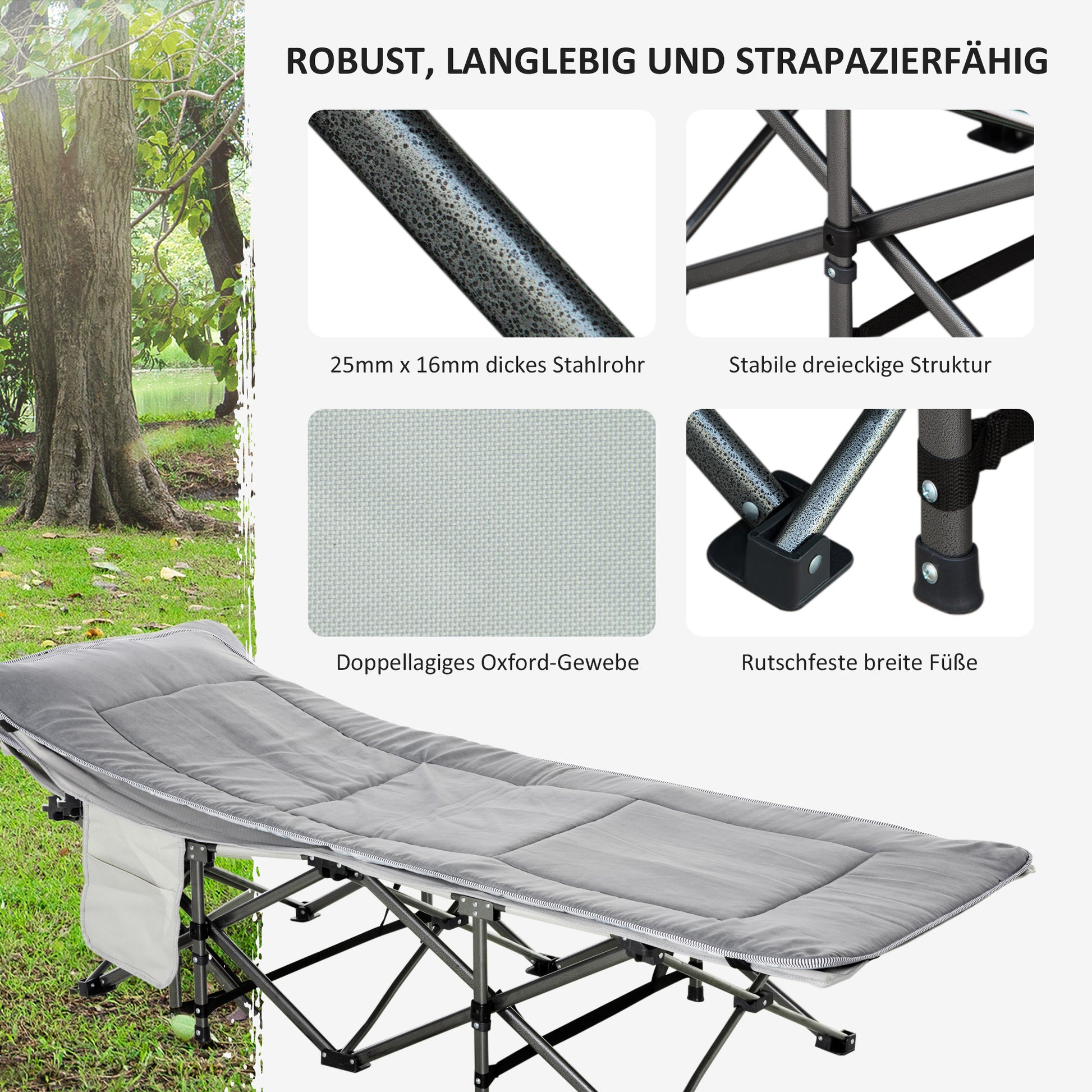 Folding Camping Bed with Mattress Carry Bag 188 x 64.5 x 53 cm Guest Bed up to 150 kg Load Capacity Camp Bed for Adults Folding Bed for Outdoor, Garden Camping Travel Light Grey