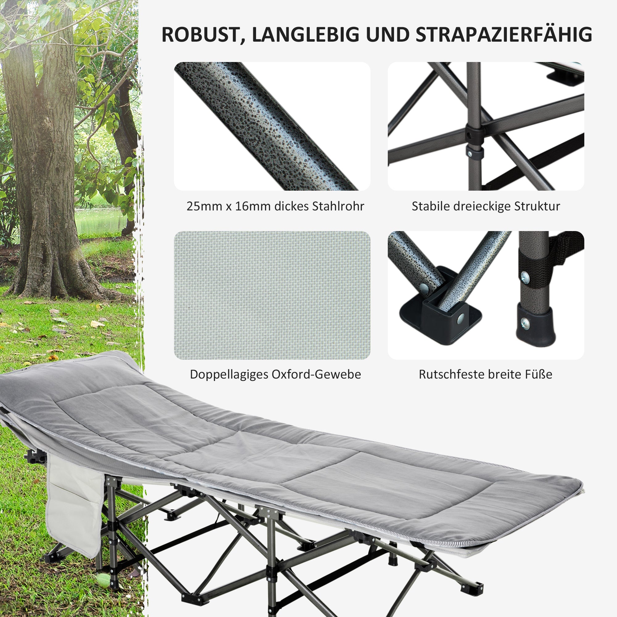 Folding Camping Bed with Mattress Carry Bag 188 x 64.5 x 53 cm Guest Bed up to 150 kg Load Capacity Camp Bed for Adults Folding Bed for Outdoor, Garden Camping Travel Light Grey