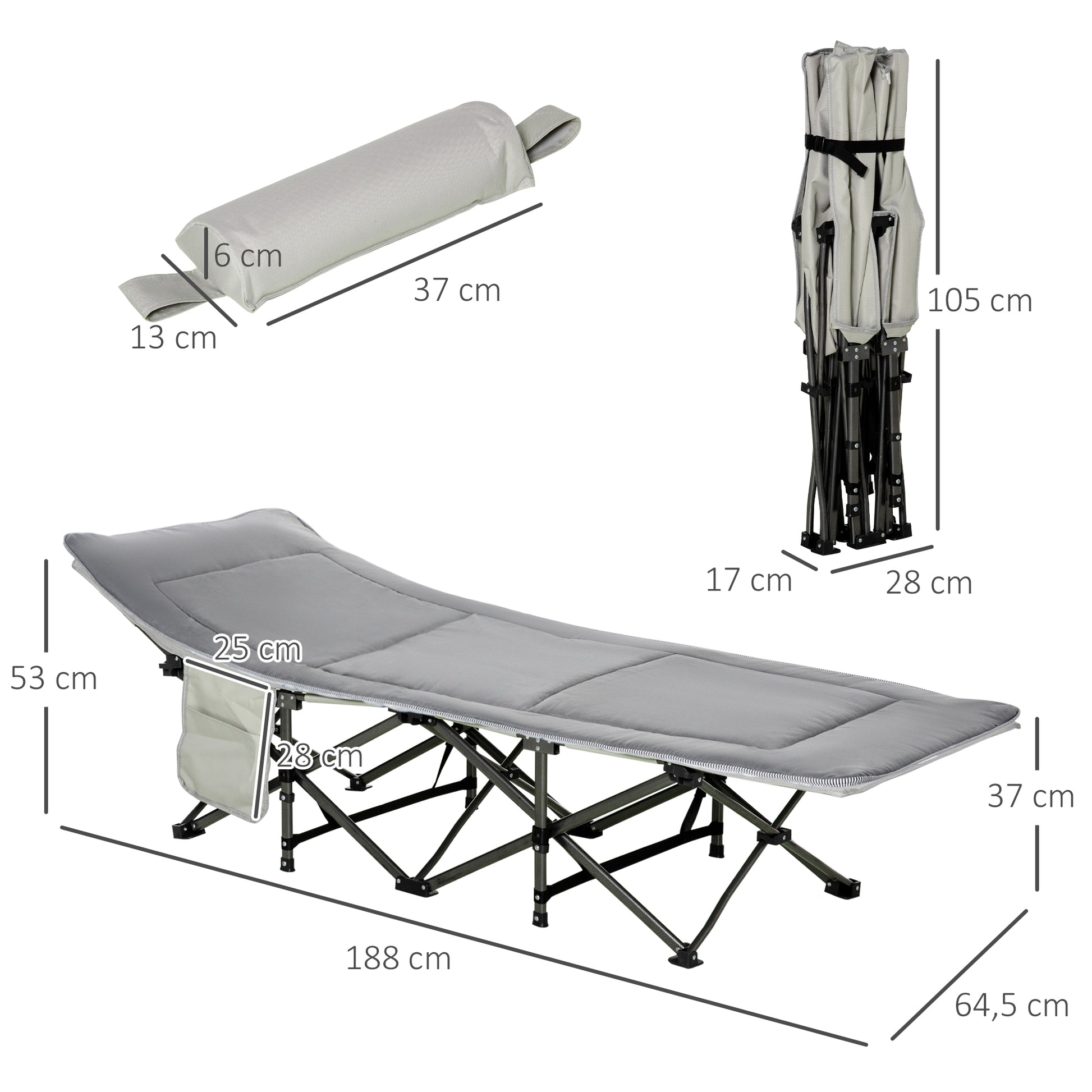 Folding Camping Bed with Mattress Carry Bag 188 x 64.5 x 53 cm Guest Bed up to 150 kg Load Capacity Camp Bed for Adults Folding Bed for Outdoor, Garden Camping Travel Light Grey
