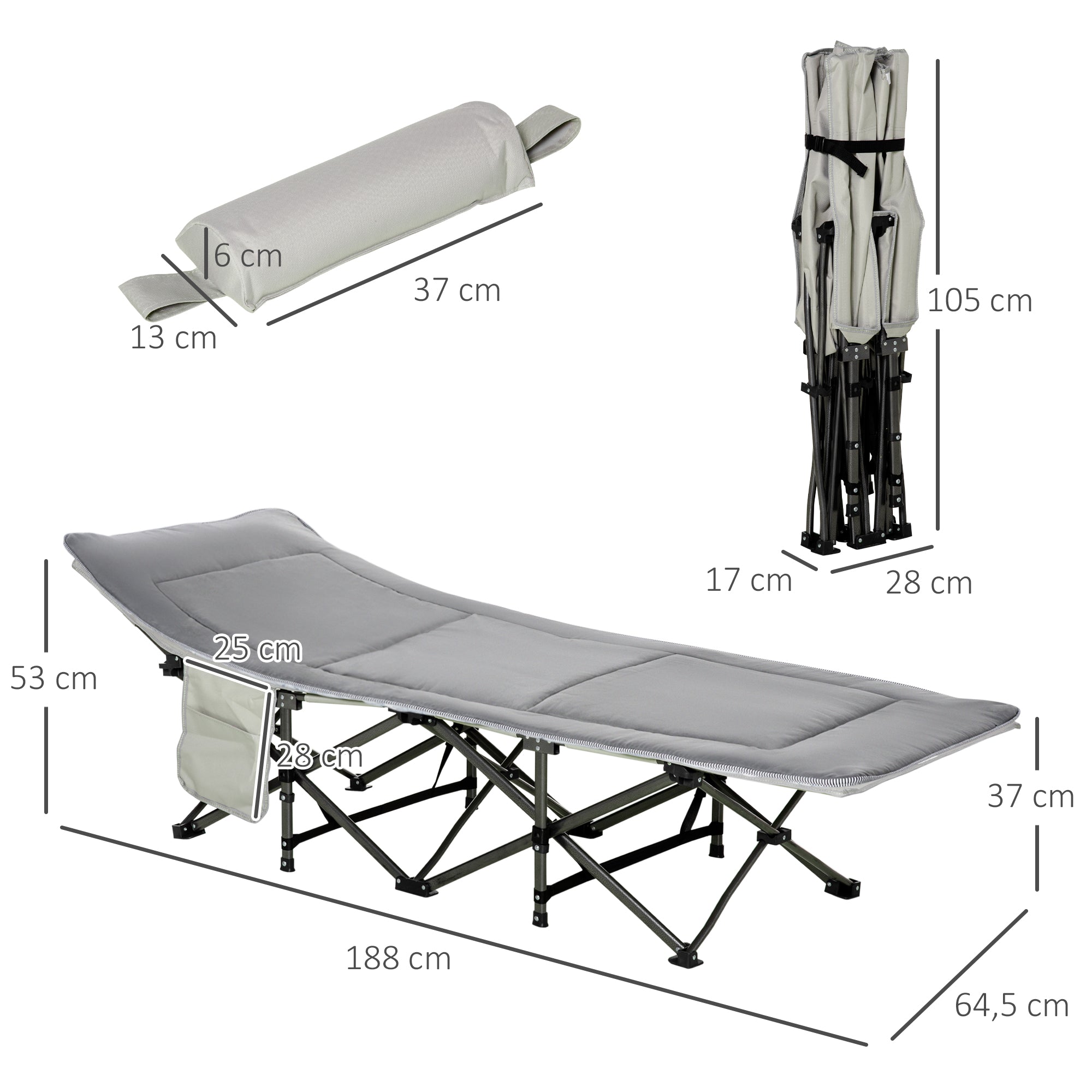 Folding Camping Bed with Mattress Carry Bag 188 x 64.5 x 53 cm Guest Bed up to 150 kg Load Capacity Camp Bed for Adults Folding Bed for Outdoor, Garden Camping Travel Light Grey
