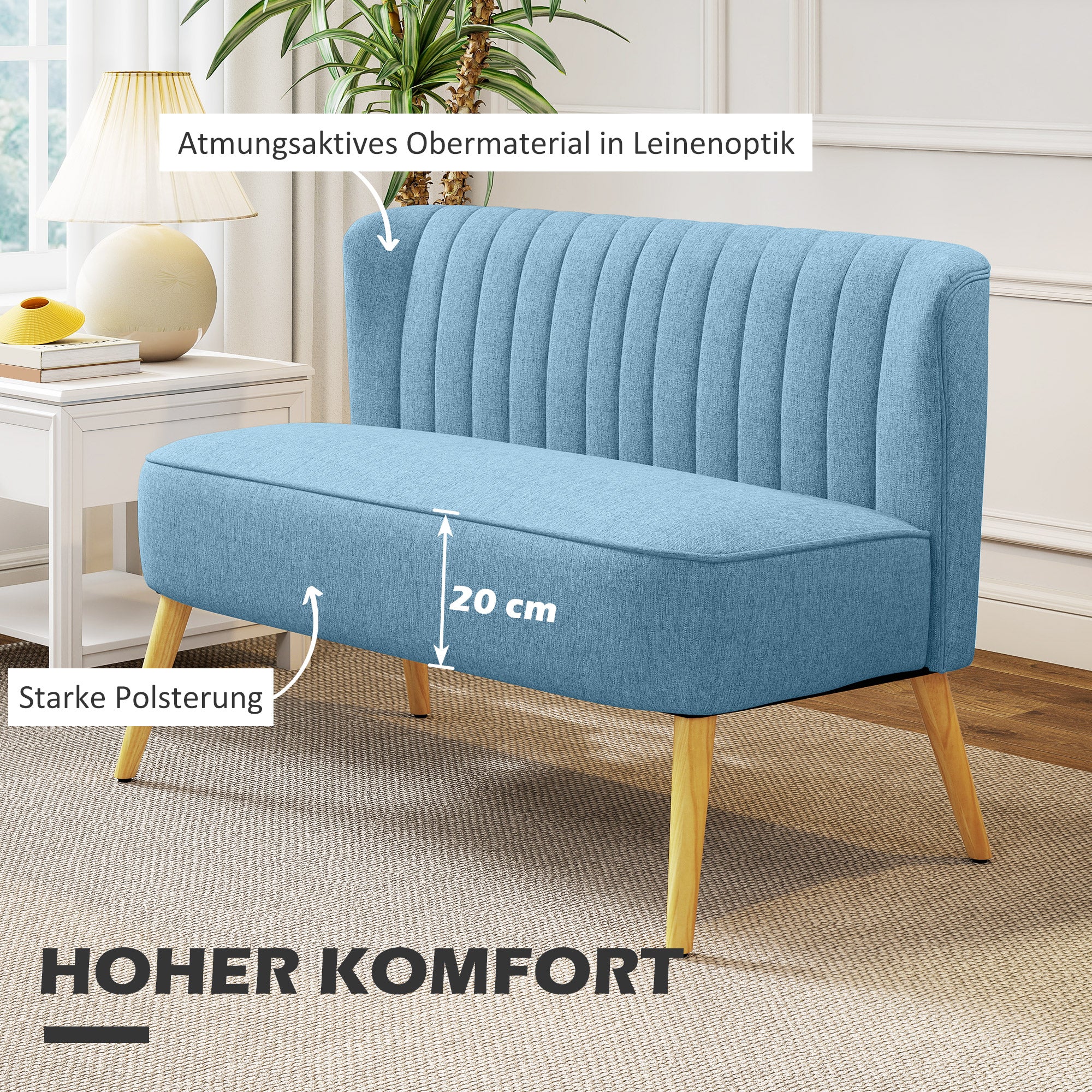 2-Seater Loveseat Sofa, Compact Linen-Look Upholstered Couch for Living Room, Bedroom, Small Spaces — Blue, 46.1 x 22.2 x 30.3 in