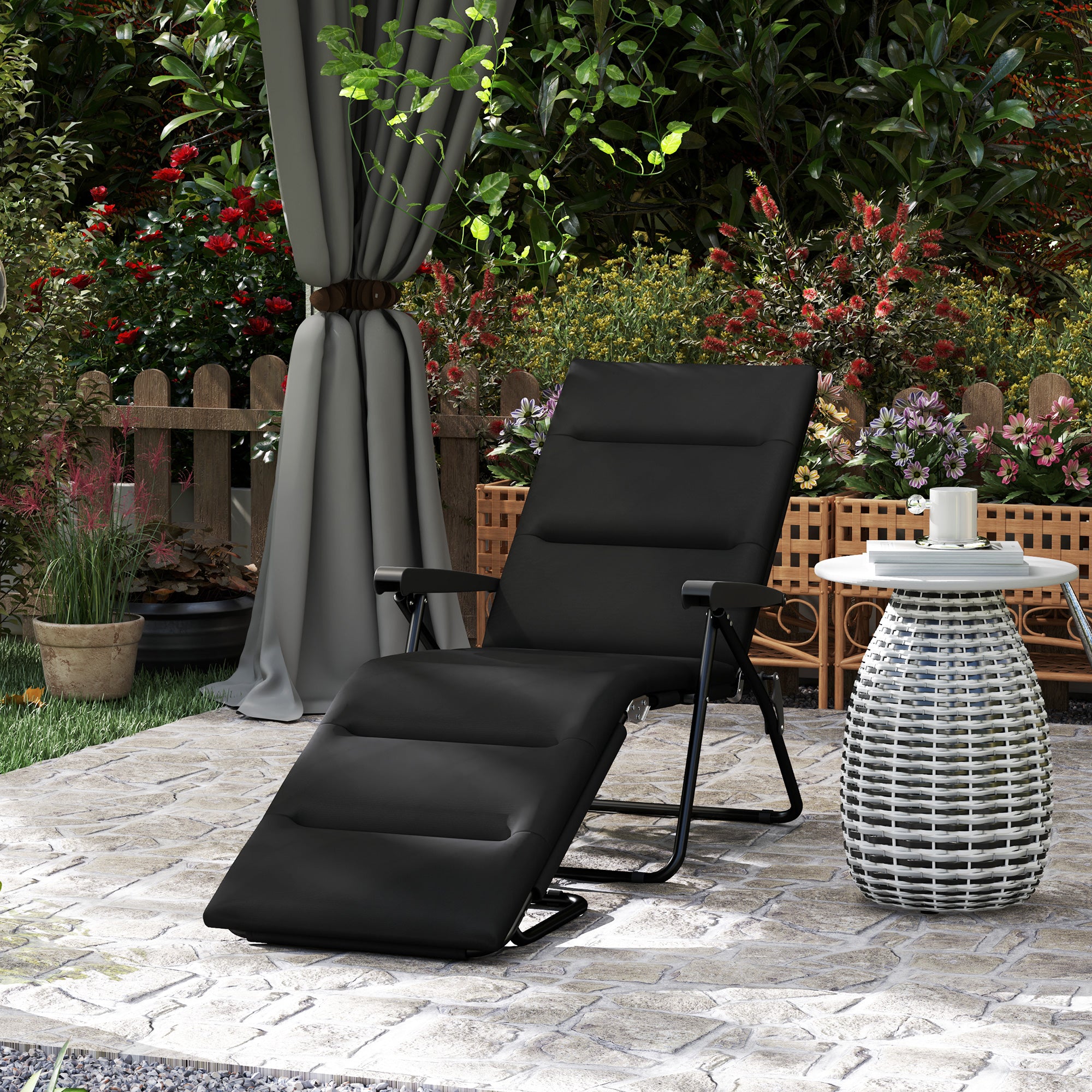 Folding Sun Lounger with 6 Reclining Positions High Comfort with Mattress + Armrests Steel Polyester Black