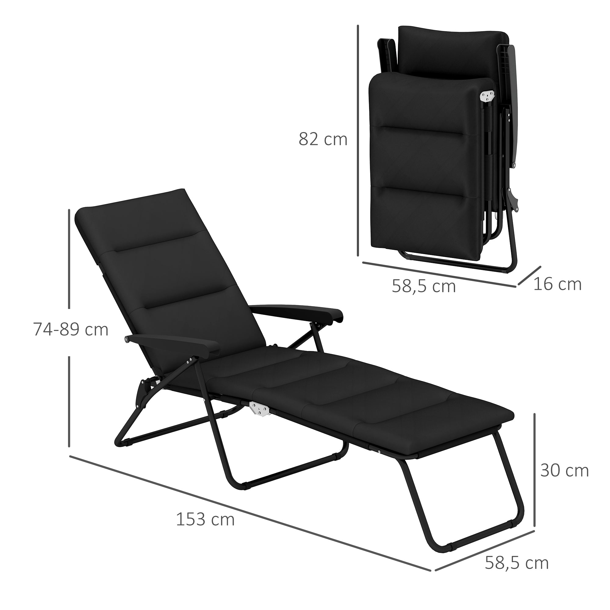 Folding Sun Lounger with 6 Reclining Positions High Comfort with Mattress + Armrests Steel Polyester Black