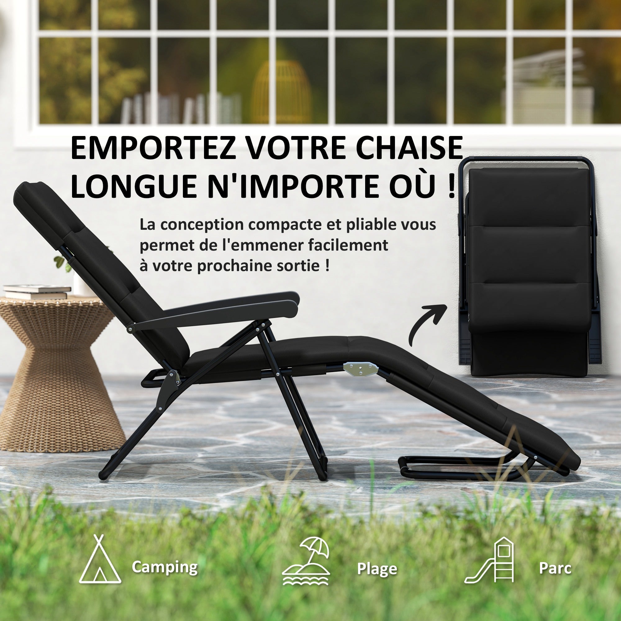 Folding Sun Lounger with 6 Reclining Positions High Comfort with Mattress + Armrests Steel Polyester Black