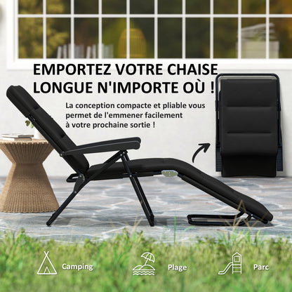 Folding Sun Lounger with 6 Reclining Positions High Comfort with Mattress + Armrests Steel Polyester Black