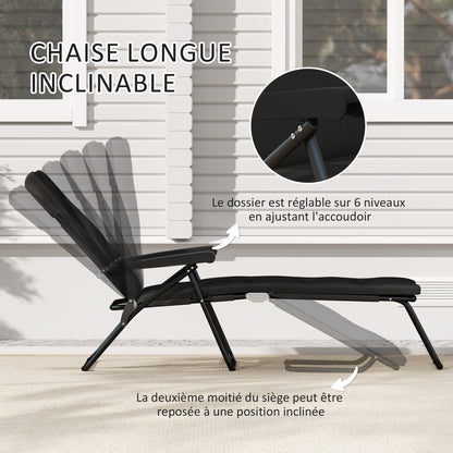Folding Sun Lounger with 6 Reclining Positions High Comfort with Mattress + Armrests Steel Polyester Black