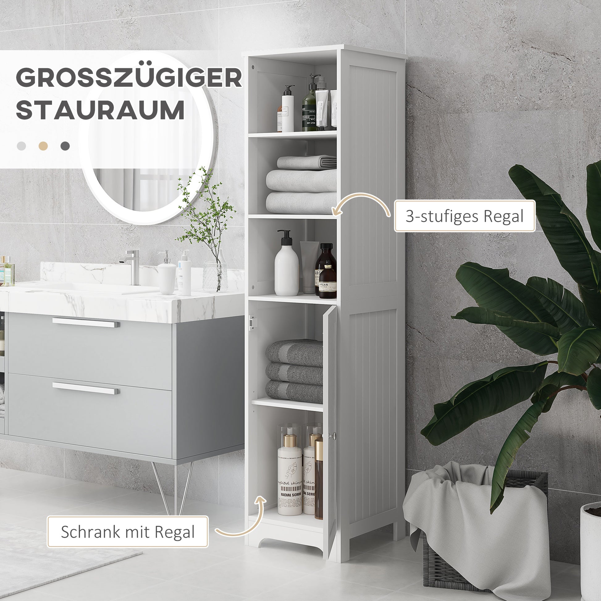 Bathroom Cabinet with 3 Open Shelves, 1 Cabinet Compartment, Storage Cabinet for Bathroom, Living Room, White, 40 x 38 x 160 cm