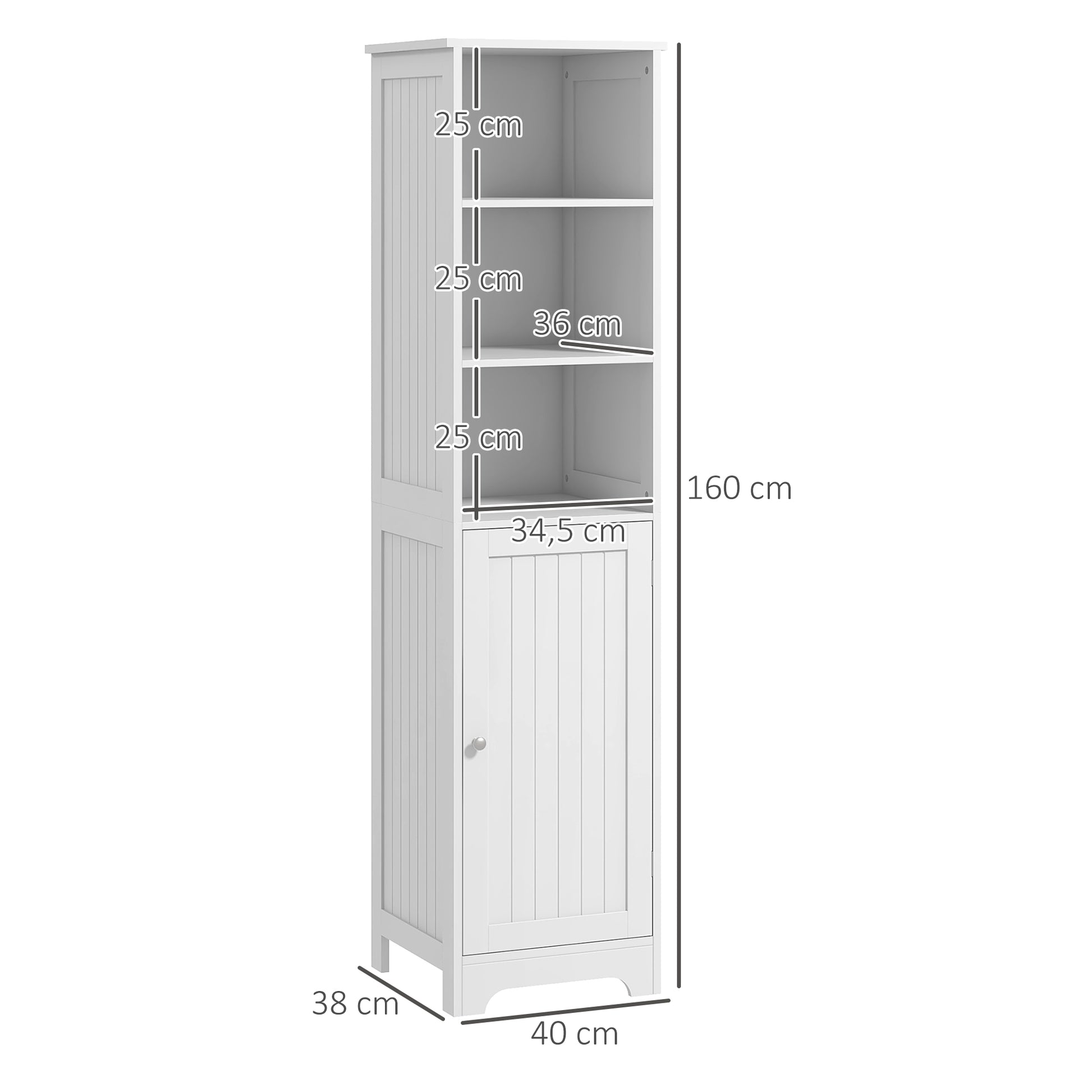 Bathroom Cabinet with 3 Open Shelves, 1 Cabinet Compartment, Storage Cabinet for Bathroom, Living Room, White, 40 x 38 x 160 cm