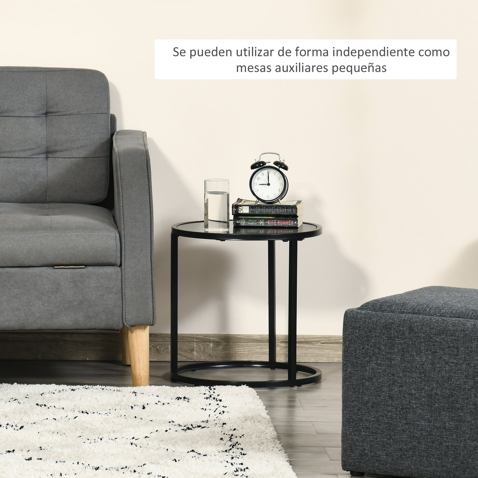 Set of 2 Modern Stackable Round Side Tables with Faux Marble Top and Steel Frame Ø60x46 cm and Ø40x40 cm Black