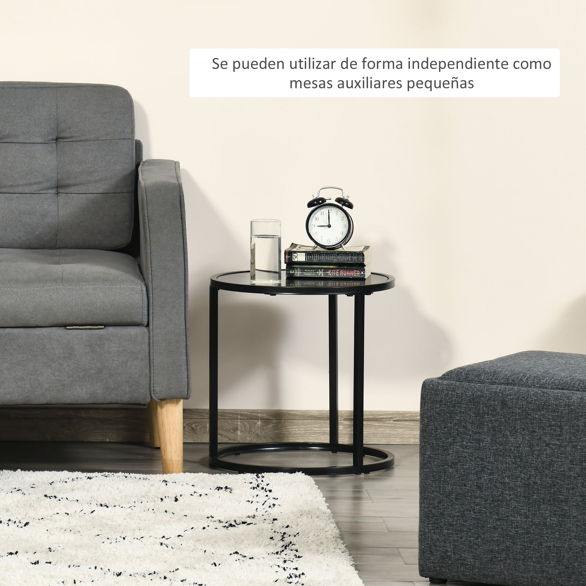 Set of 2 Modern Stackable Round Side Tables with Faux Marble Top and Steel Frame Ø60x46 cm and Ø40x40 cm Black