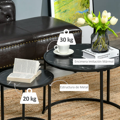 Set of 2 Modern Stackable Round Side Tables with Faux Marble Top and Steel Frame Ø60x46 cm and Ø40x40 cm Black