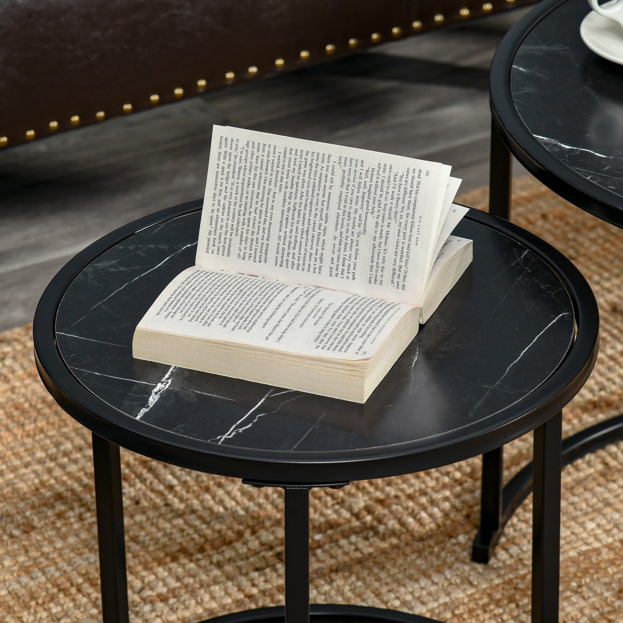 Set of 2 Modern Stackable Round Side Tables with Faux Marble Top and Steel Frame Ø60x46 cm and Ø40x40 cm Black