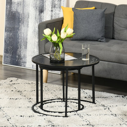 Set of 2 Modern Stackable Round Side Tables with Faux Marble Top and Steel Frame Ø60x46 cm and Ø40x40 cm Black