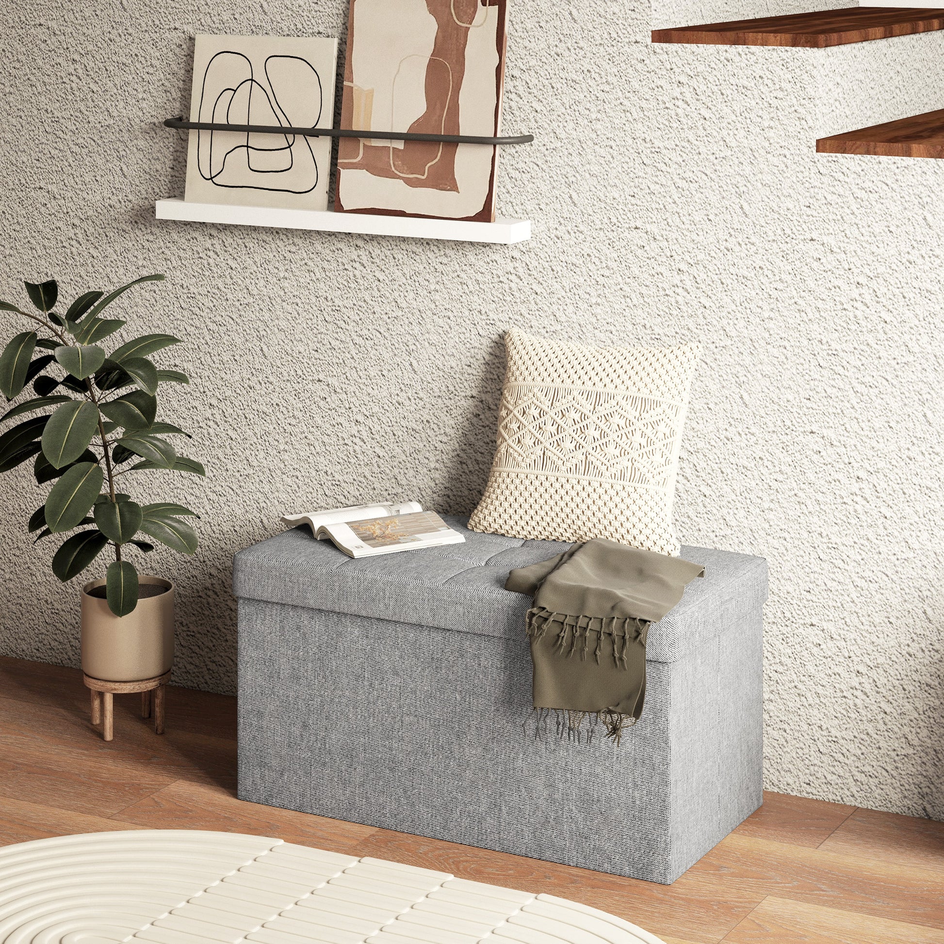 Storage Bench Ottoman, 76 x 38 x 38 cm, 84L, foldable, end of bed, footrest, with lid, for hallway, living room, tufted, light gray