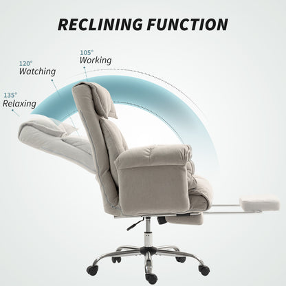 Reclining Office Chair with Footrest — Padded Armrests, High Back, Height-Adjustable Swivel, Velvet-Look Upholstery, Light Gray