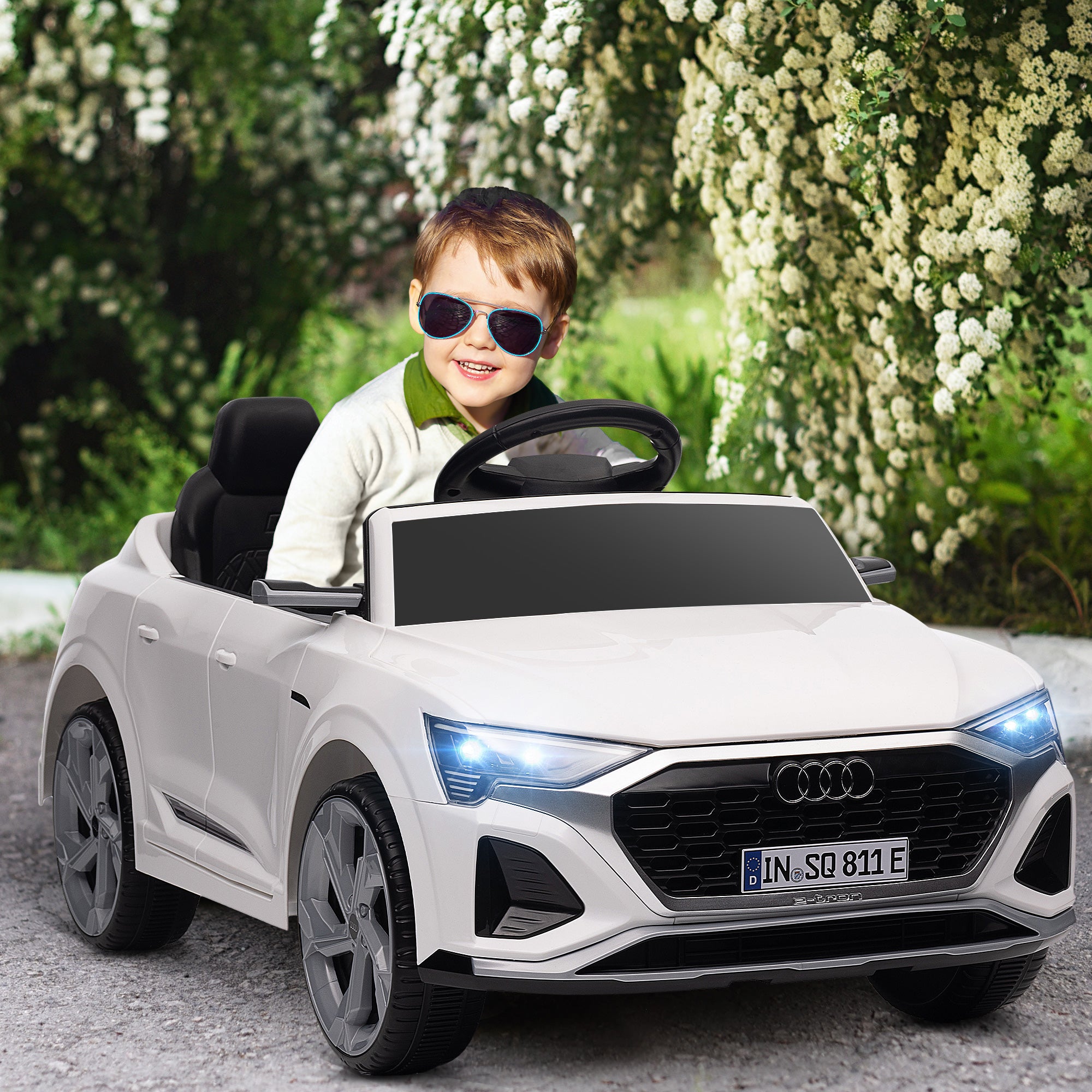 Kids Electric Car 12V Children's Car with 2.4G Remote Control, MP3 Music & Horn, Electric Vehicle with Headlight, 4 Sprung Wheels, 3-5 km/h, for 3-4 Years Kids, White