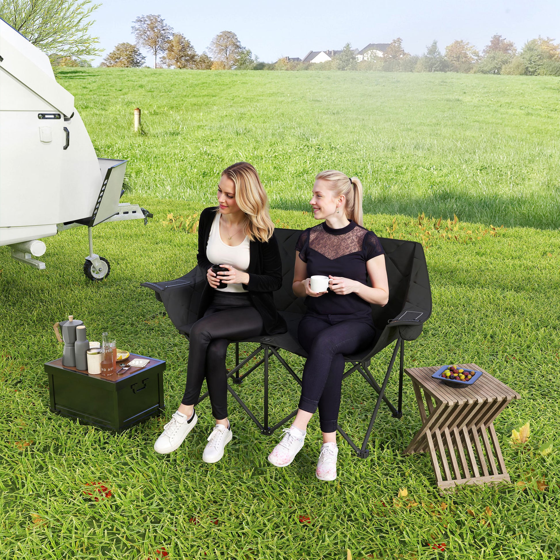Folding Chair for 2 People Camping Chair with Cooler Bags Carrying Bag Outdoor Foldable Chair Supports up to 250kg Sturdy Lightweight Padded Fishing Chair Garden Chair for Garden Camping Beach