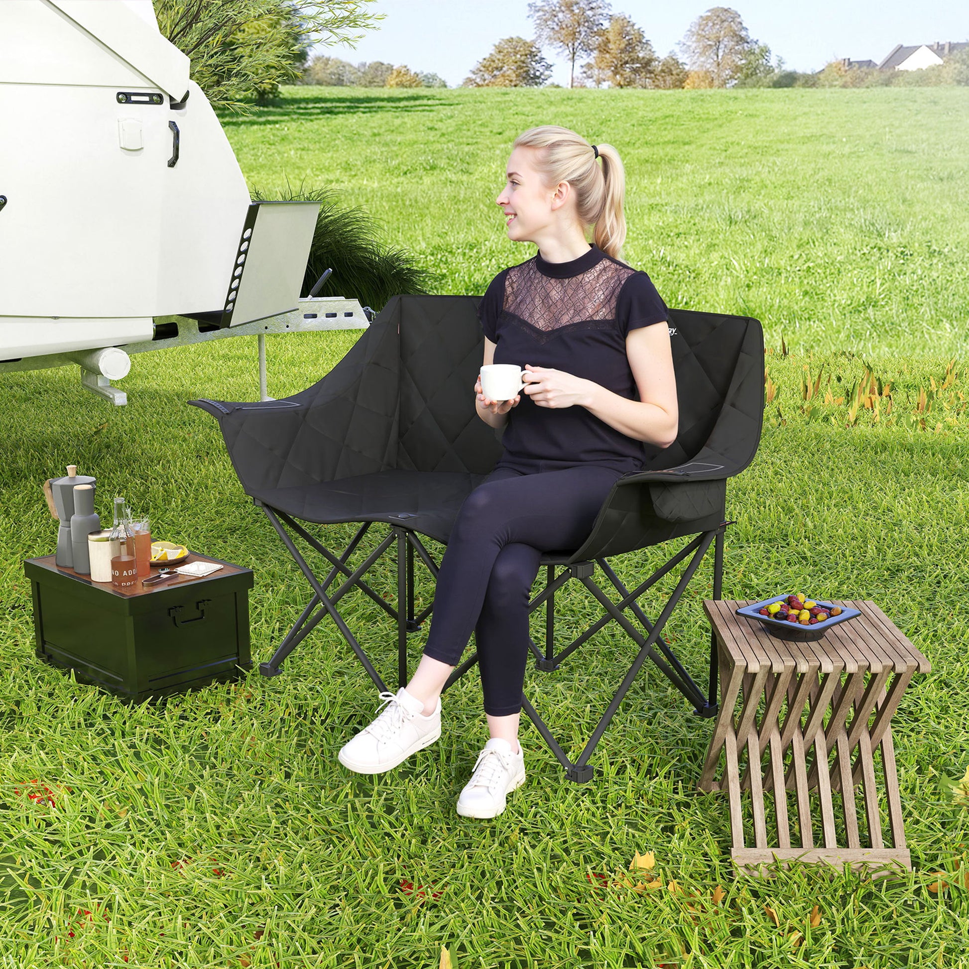 Folding Chair for 2 People Camping Chair with Cooler Bags Carrying Bag Outdoor Foldable Chair Supports up to 250kg Sturdy Lightweight Padded Fishing Chair Garden Chair for Garden Camping Beach