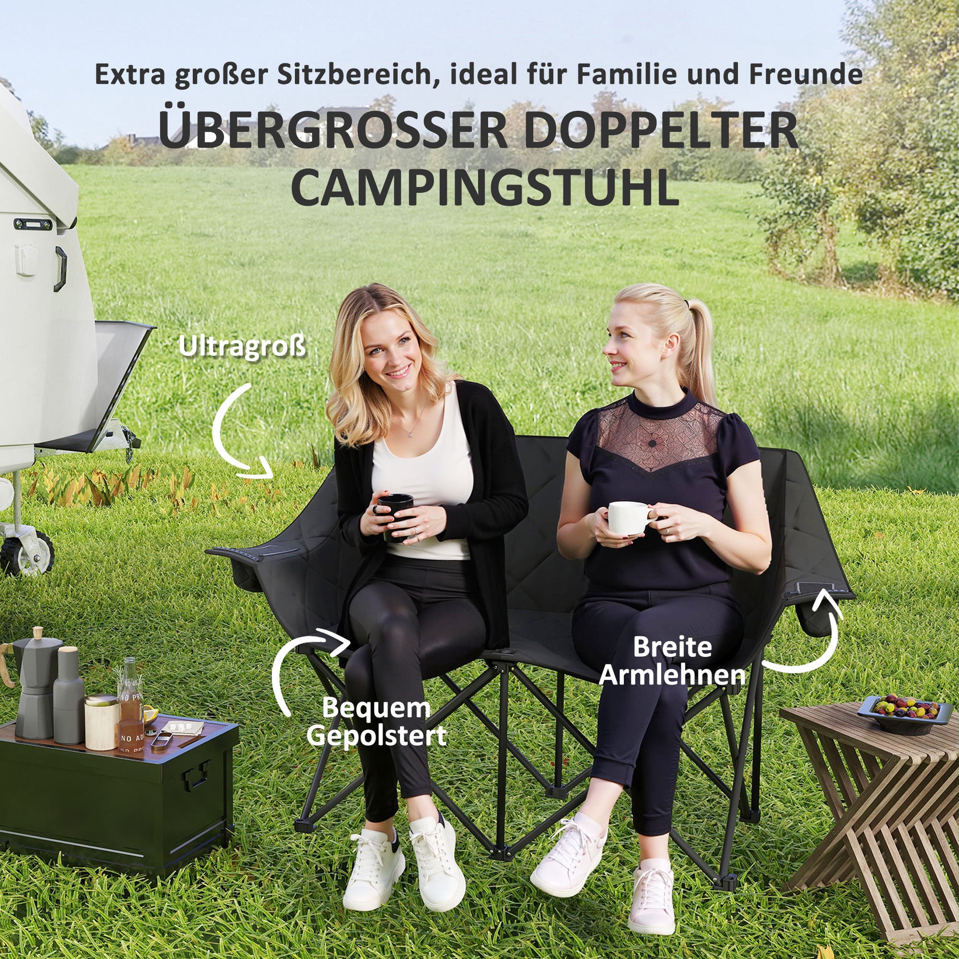 Folding Chair for 2 People Camping Chair with Cooler Bags Carrying Bag Outdoor Foldable Chair Supports up to 250kg Sturdy Lightweight Padded Fishing Chair Garden Chair for Garden Camping Beach