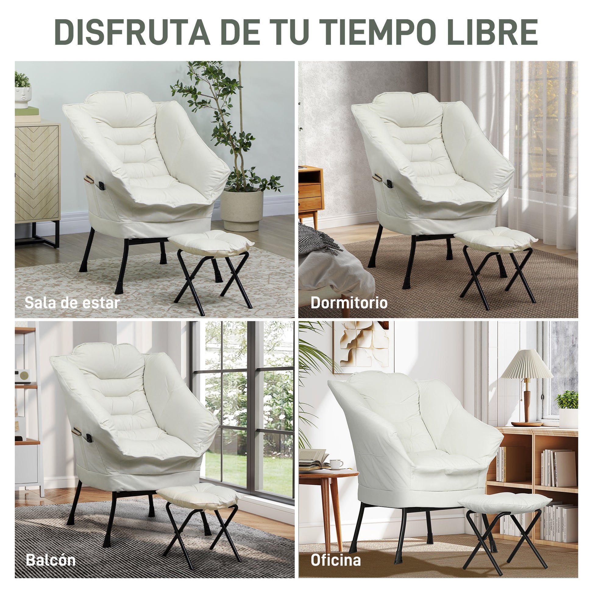 Living Room Recliner with Ottoman Relax Armchair for Bedroom with Side Pockets and Steel Legs for Living Room Cream