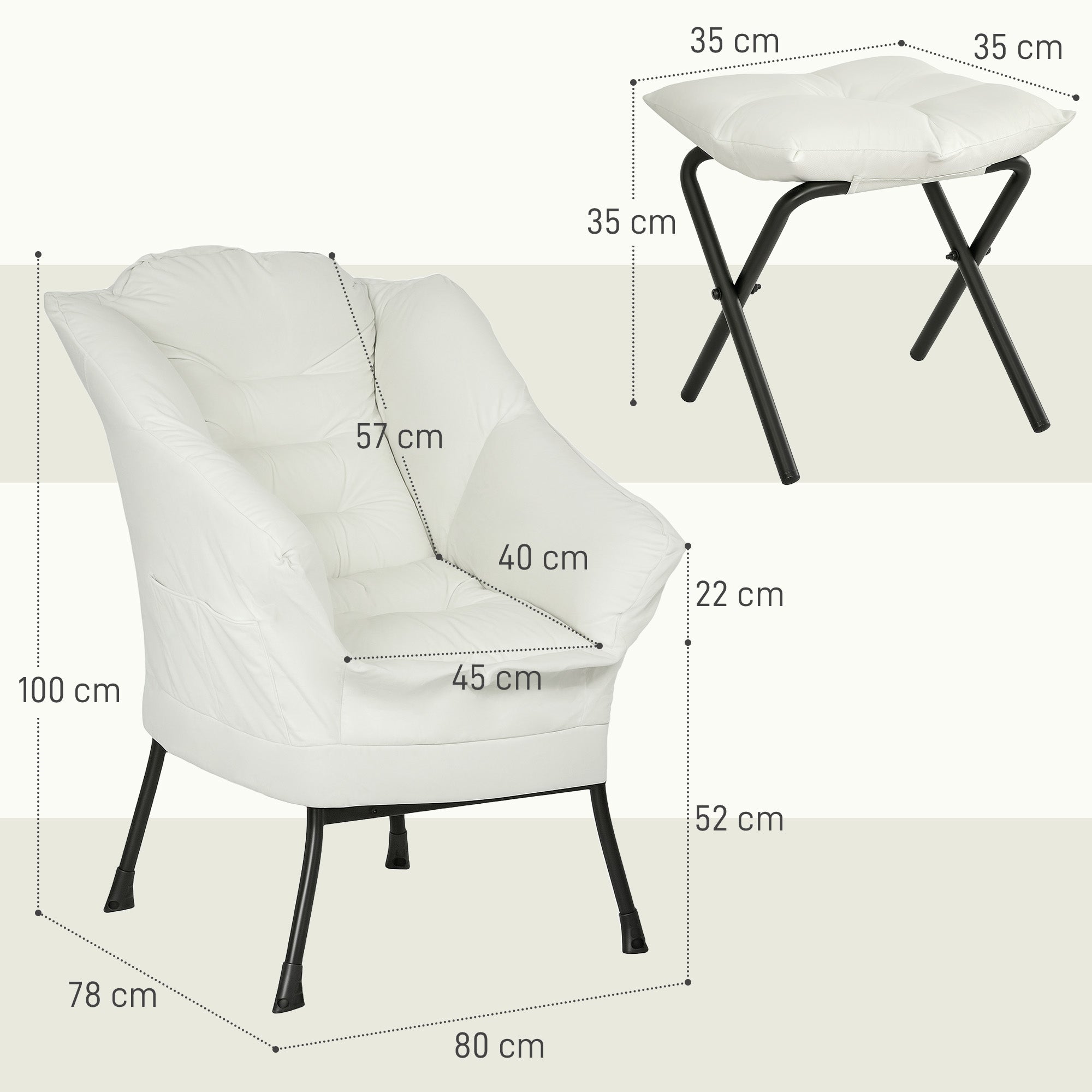 Living Room Recliner with Ottoman Relax Armchair for Bedroom with Side Pockets and Steel Legs for Living Room Cream