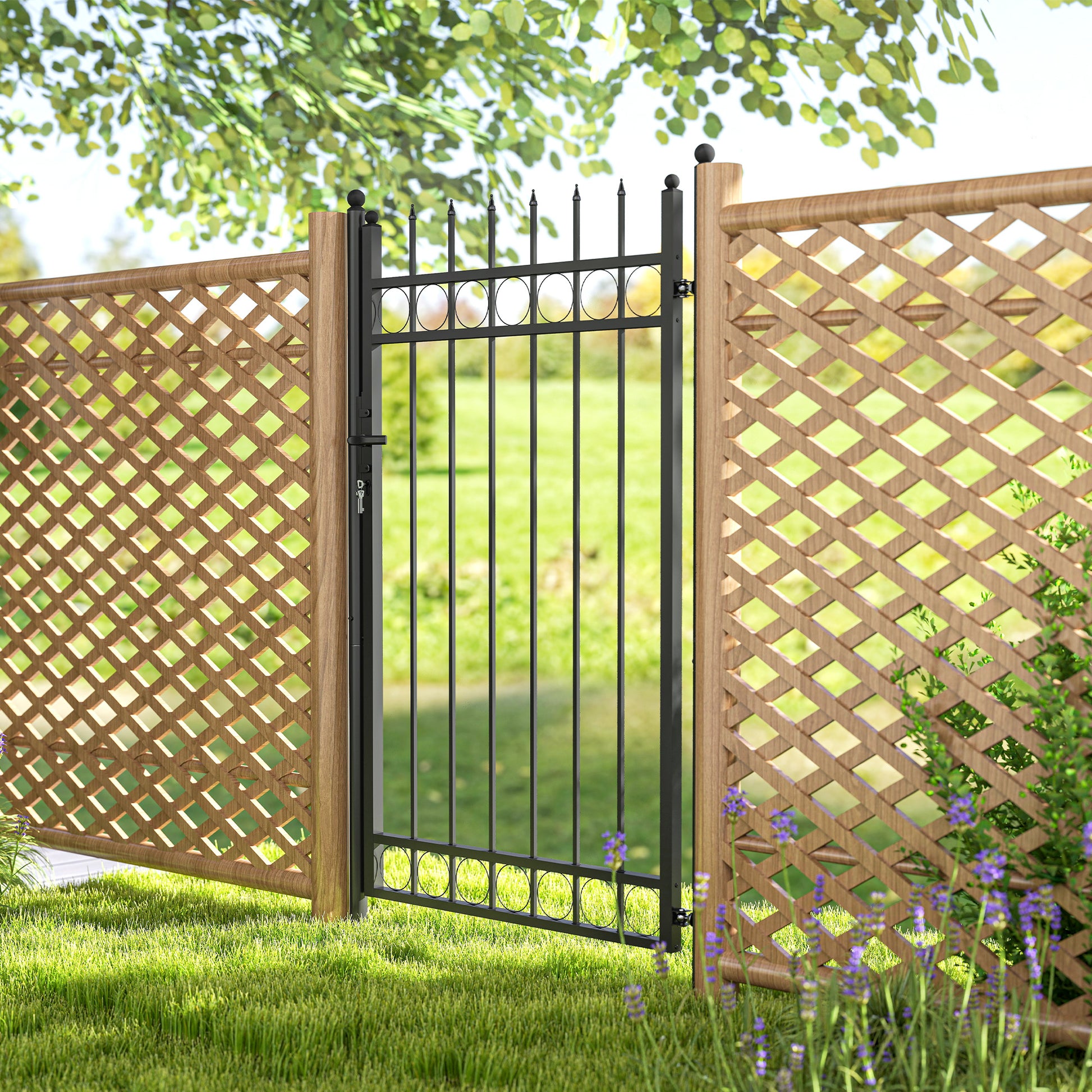 Garden Gate 147.5x89 cm Steel Bar Gate with Handle Lock and 3 Keys for Outdoor Patio Black