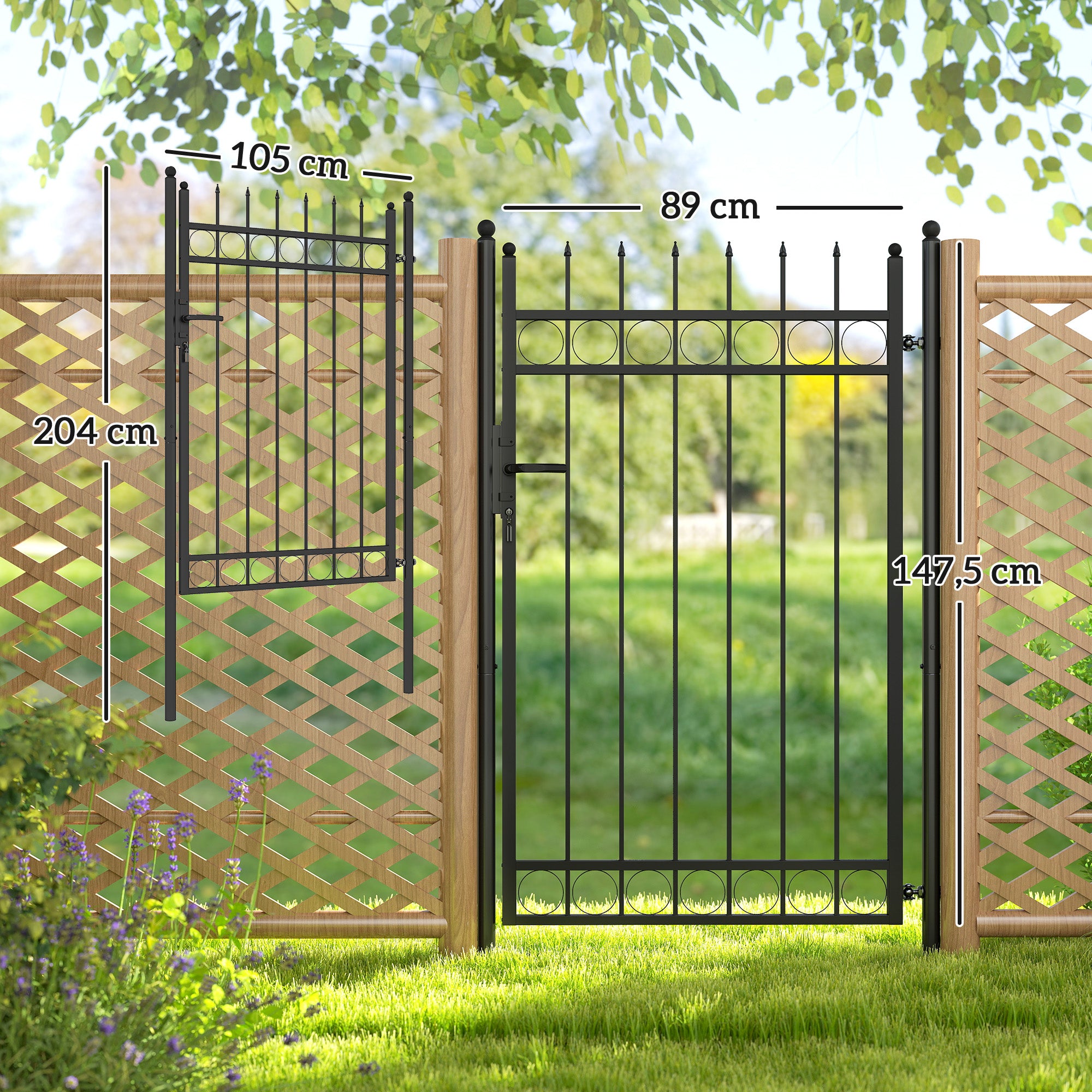 Garden Gate 147.5x89 cm Steel Bar Gate with Handle Lock and 3 Keys for Outdoor Patio Black