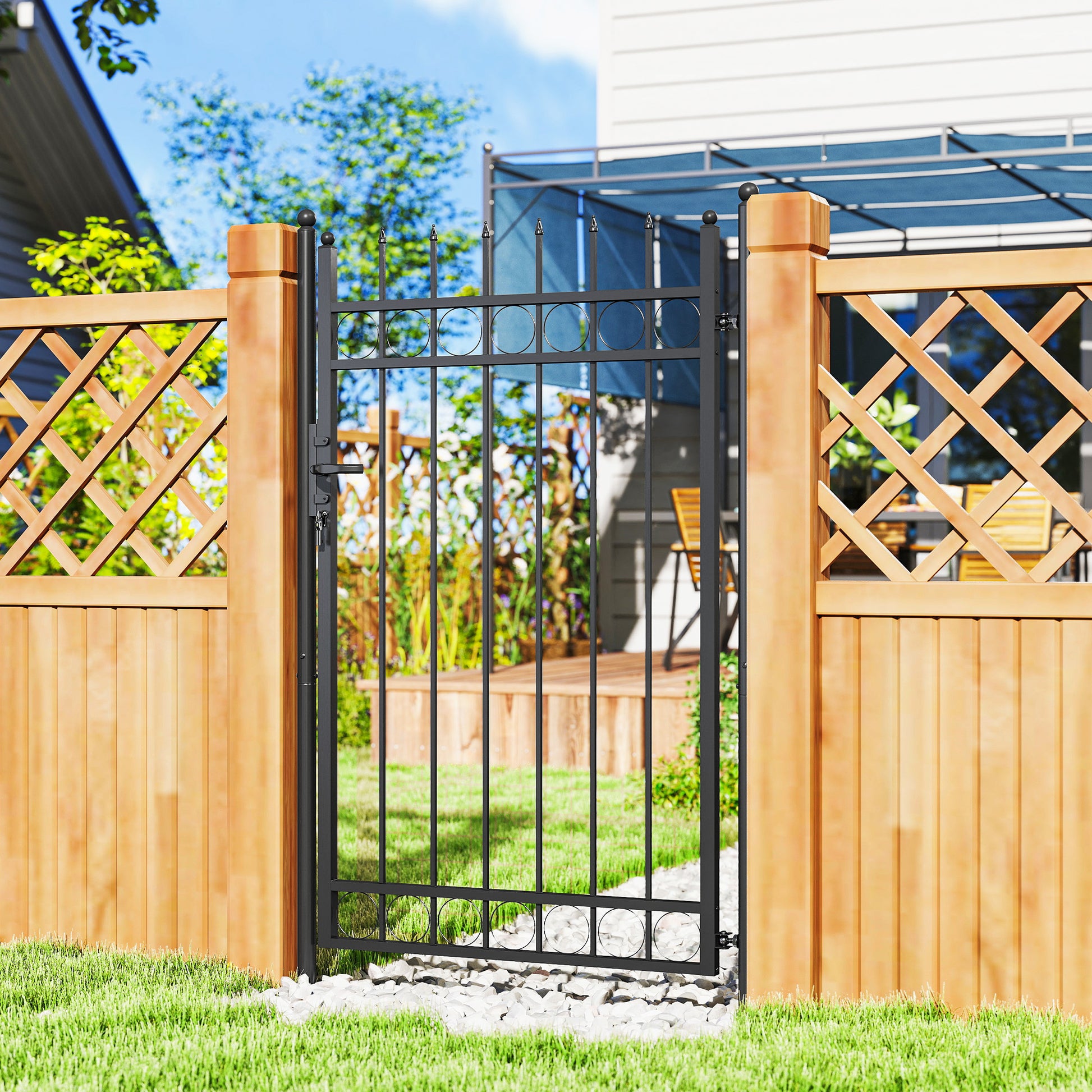 Garden Gate 147.5x89 cm Steel Bar Gate with Handle Lock and 3 Keys for Outdoor Patio Black