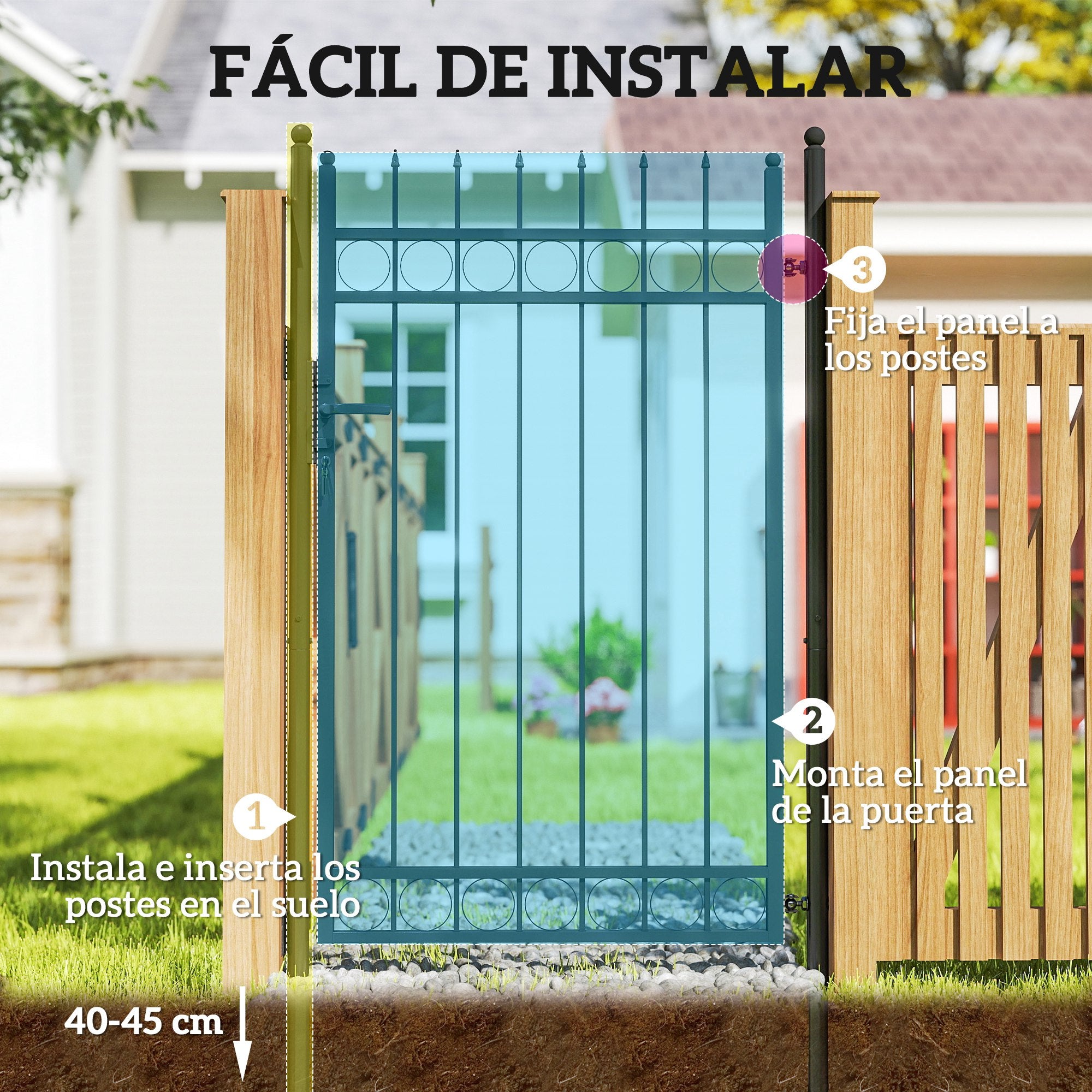 Garden Gate 147.5x89 cm Steel Bar Gate with Handle Lock and 3 Keys for Outdoor Patio Black