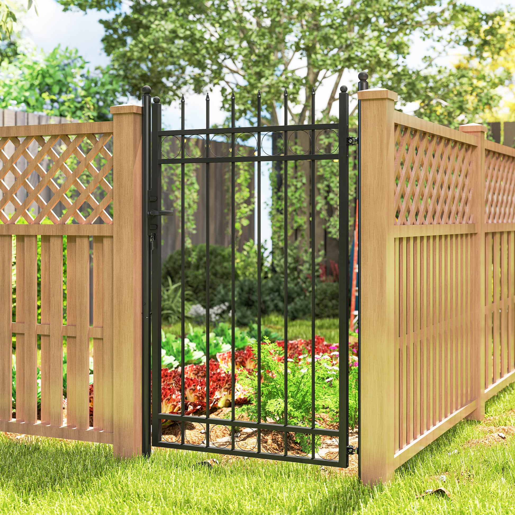 Garden Gate 147.5x89 cm Steel Bar Gate with Handle Lock and 3 Keys for Outdoor Patio Black