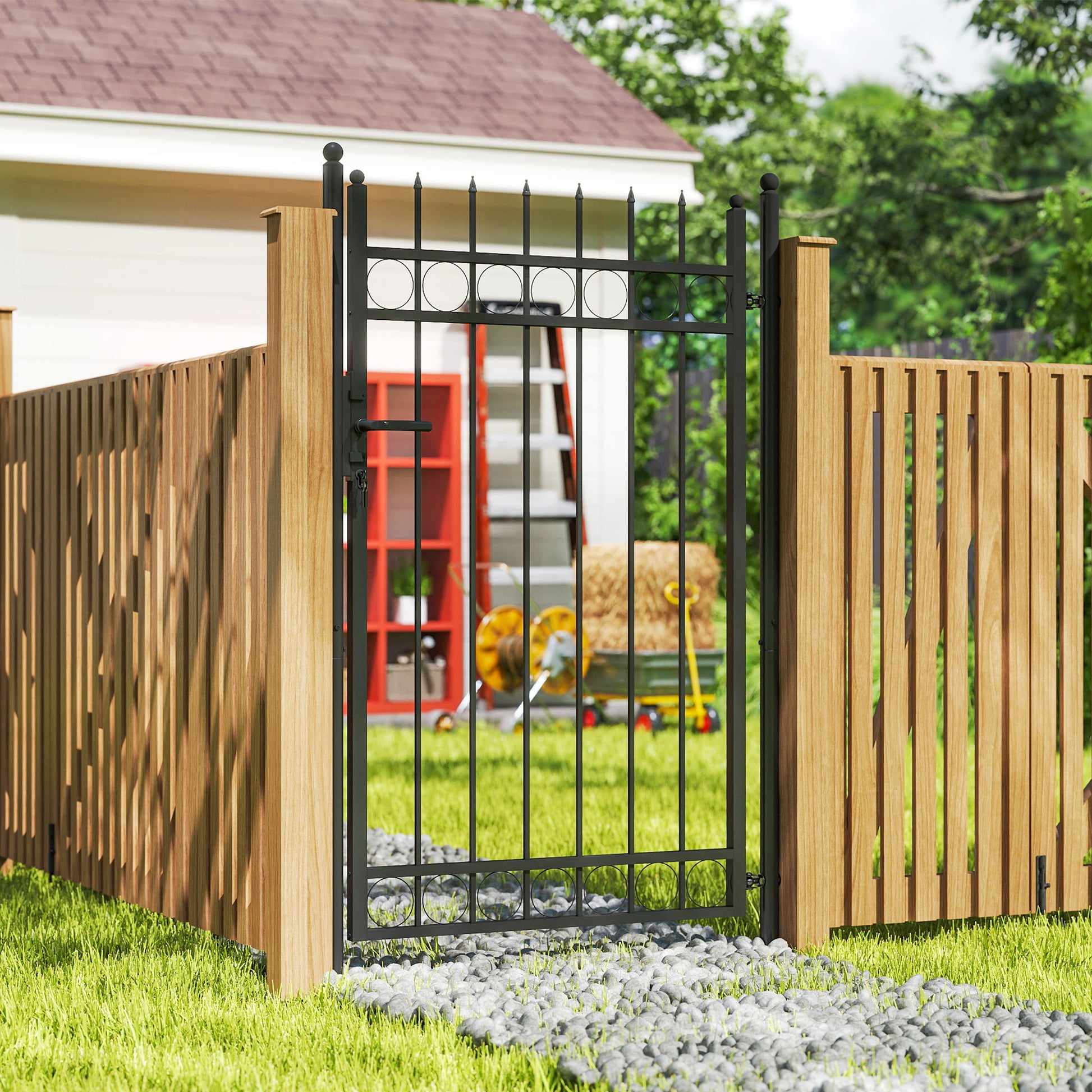 Garden Gate 147.5x89 cm Steel Bar Gate with Handle Lock and 3 Keys for Outdoor Patio Black