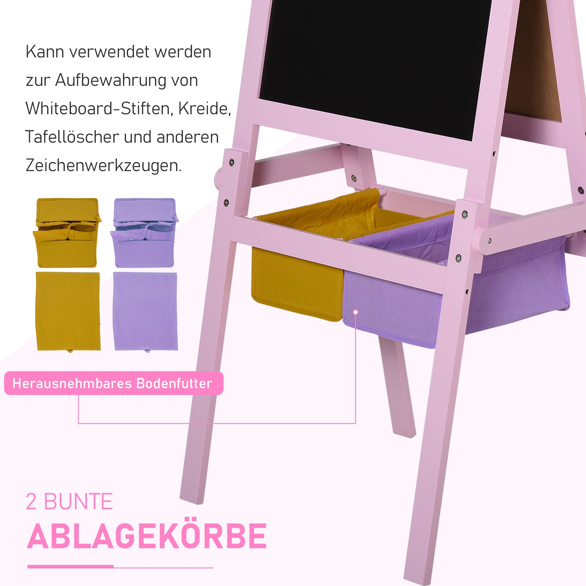 Children's Chalkboard Children's Easel Writing Board 3-in-1 Design Play Board with 2 removable storage baskets magnetic for children over 3 years MDF non-woven fabric Pink 58.5 x 50.5 x 118 cm