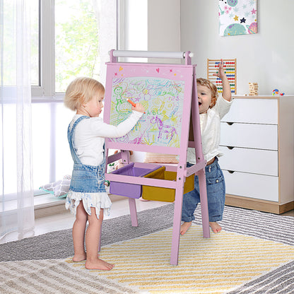 Children's Chalkboard Children's Easel Writing Board 3-in-1 Design Play Board with 2 removable storage baskets magnetic for children over 3 years MDF non-woven fabric Pink 58.5 x 50.5 x 118 cm