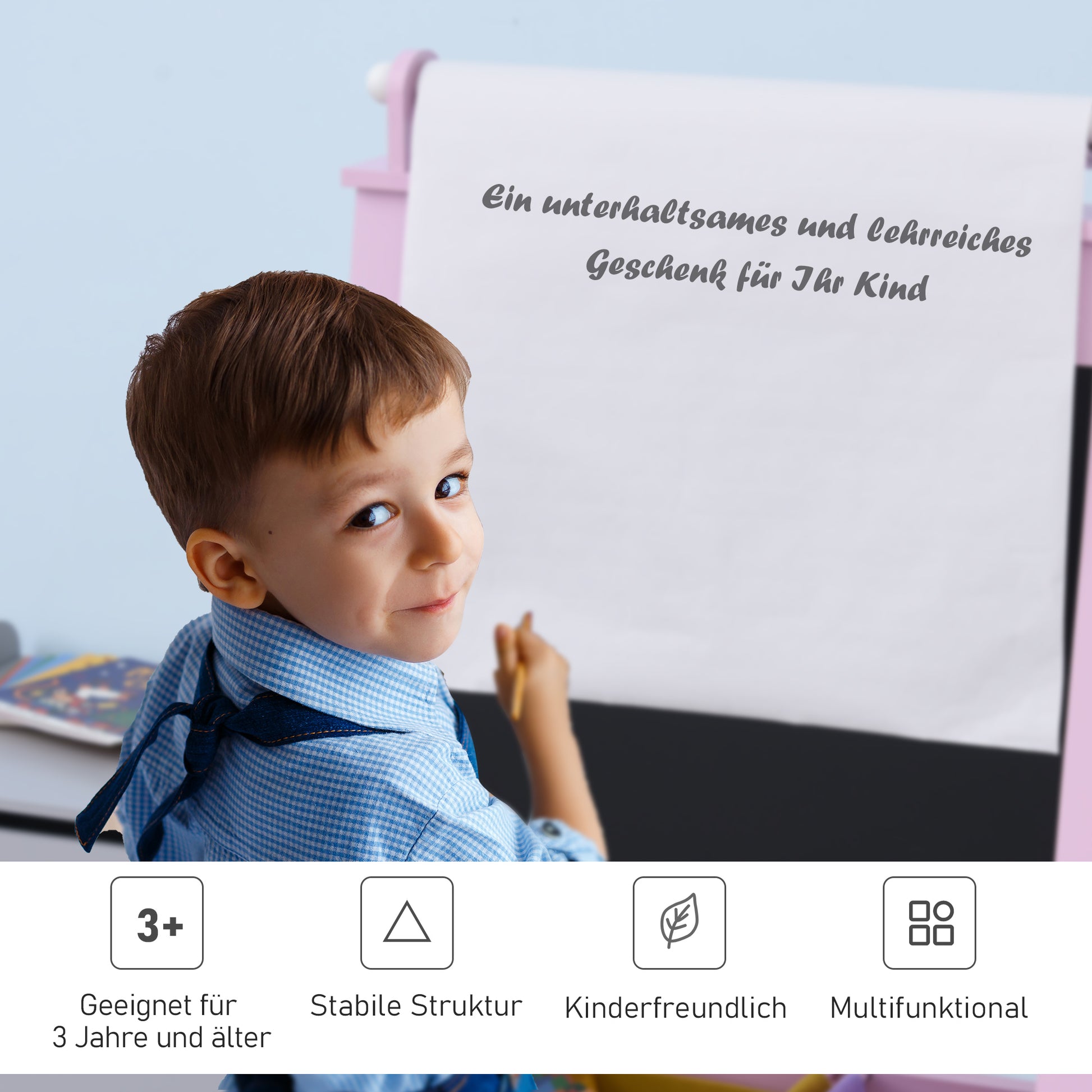 Children's Chalkboard Children's Easel Writing Board 3-in-1 Design Play Board with 2 removable storage baskets magnetic for children over 3 years MDF non-woven fabric Pink 58.5 x 50.5 x 118 cm