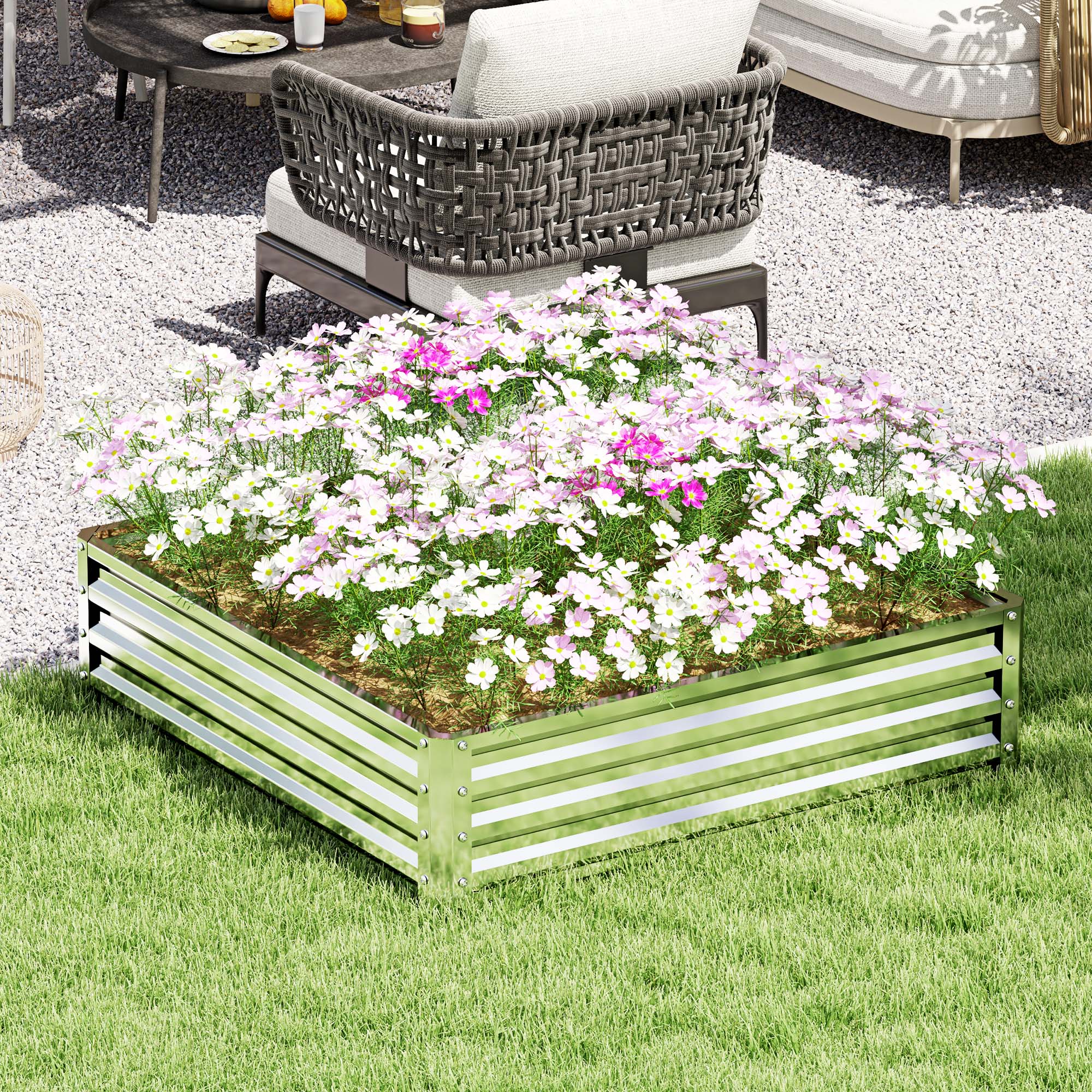 Raised Garden Bed, Planter Box, Vegetable Bed, Plant Box, Herb Bed for Garden, Patio, Balcony, Steel, Silver, 120 x 120 x 30 cm