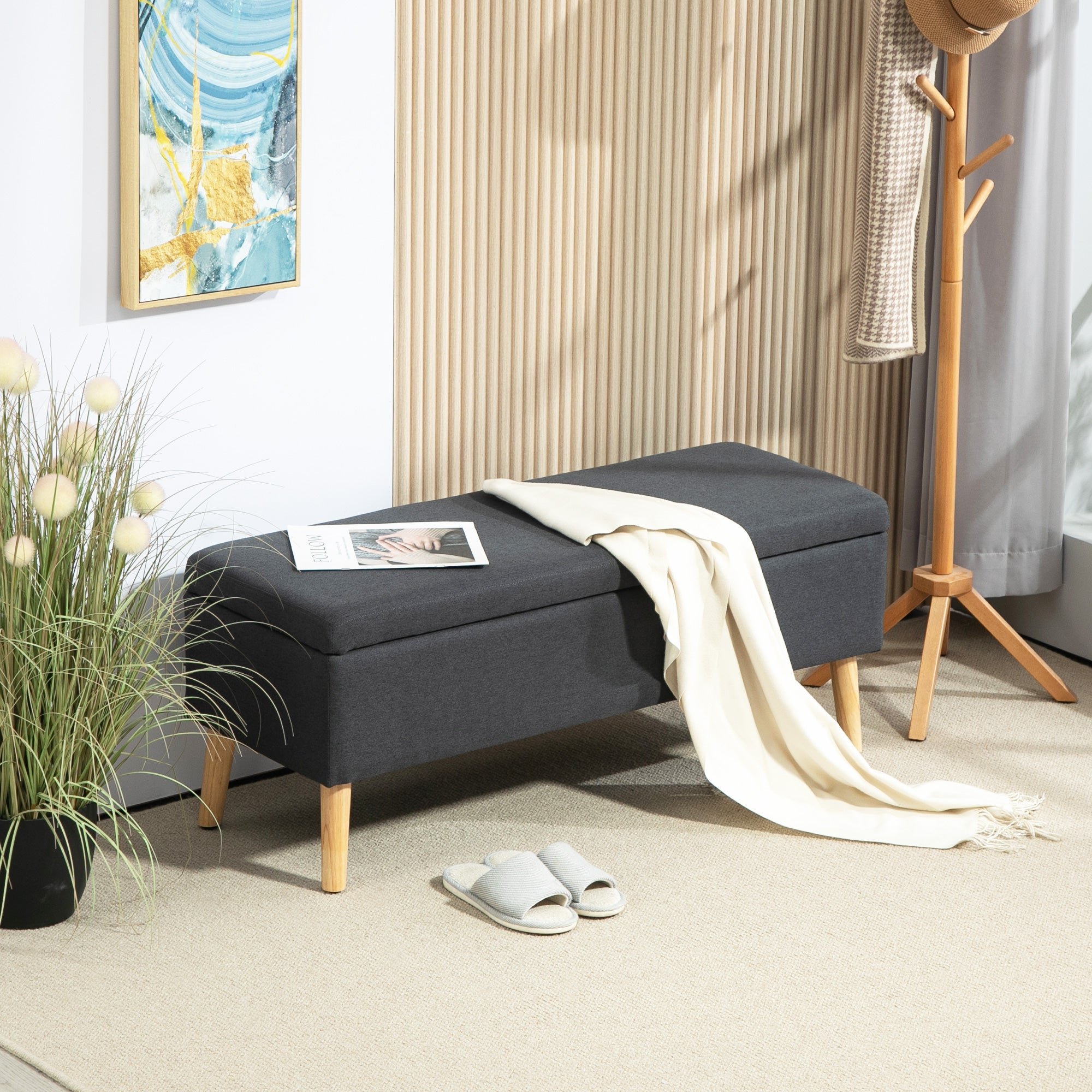 Storage Bench Upholstered Bench with Linen Look, Bed Bench with Wood Legs, Trunk Bench for Living Room Bedroom Hallway 110 x 39 x 45 cm, Dark Gray