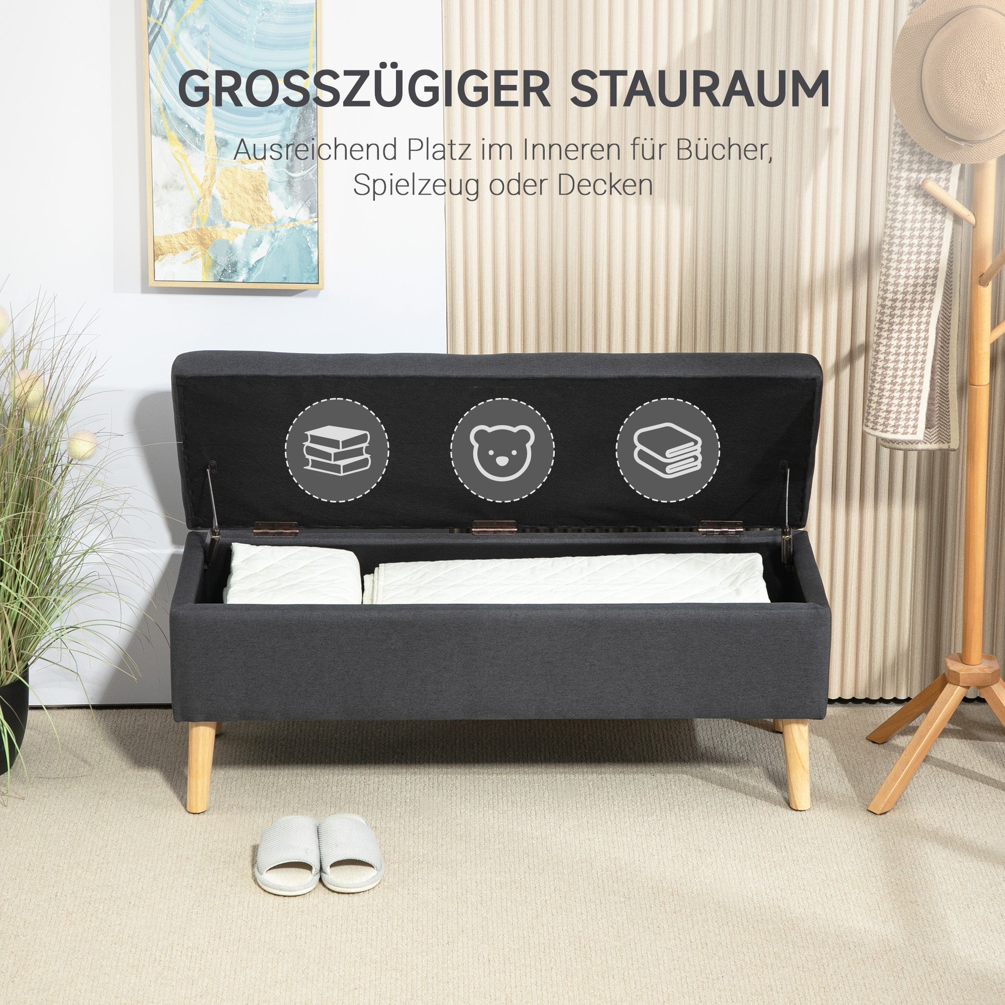 Storage Bench Upholstered Bench with Linen Look, Bed Bench with Wood Legs, Trunk Bench for Living Room Bedroom Hallway 110 x 39 x 45 cm, Dark Gray