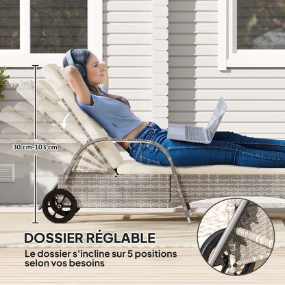 Comfortable Sun Lounger: Mattress, Headrest, Multiple Adjustable Positions, Armrests, Light Gray Resin Wicker Wheels