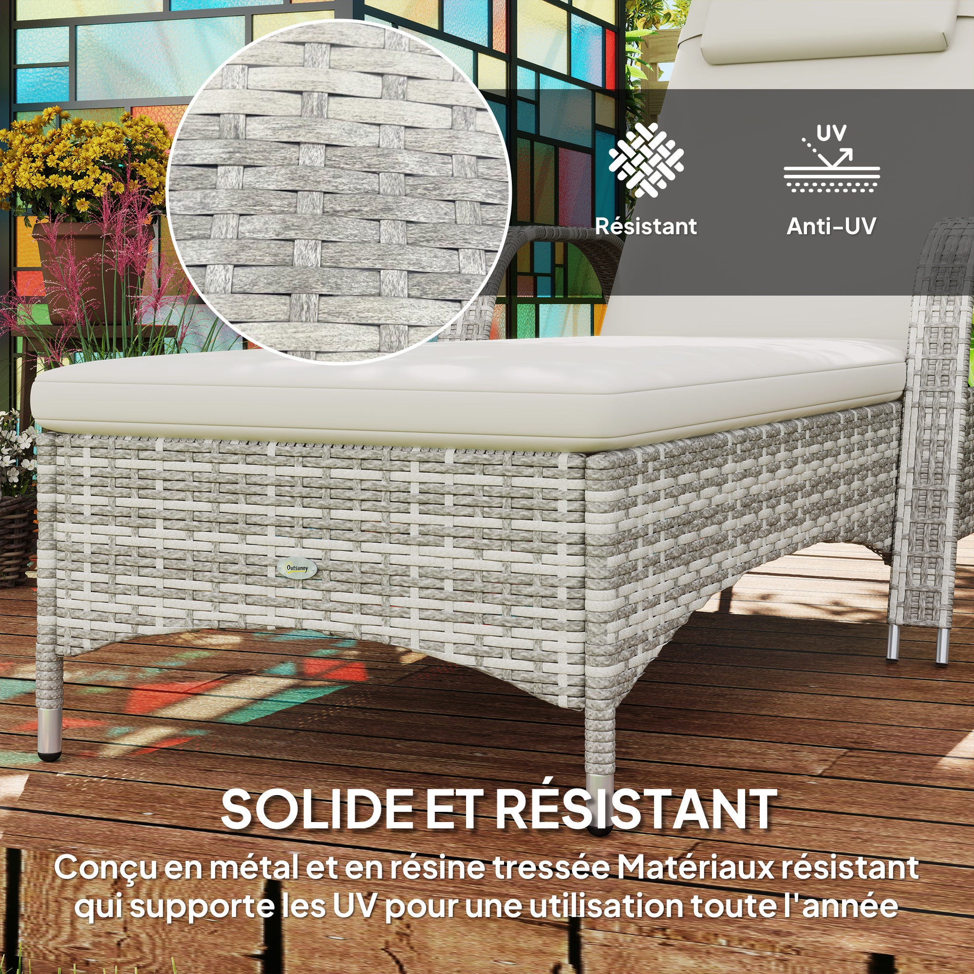 Comfortable Sun Lounger: Mattress, Headrest, Multiple Adjustable Positions, Armrests, Light Gray Resin Wicker Wheels