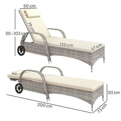 Comfortable Sun Lounger: Mattress, Headrest, Multiple Adjustable Positions, Armrests, Light Gray Resin Wicker Wheels