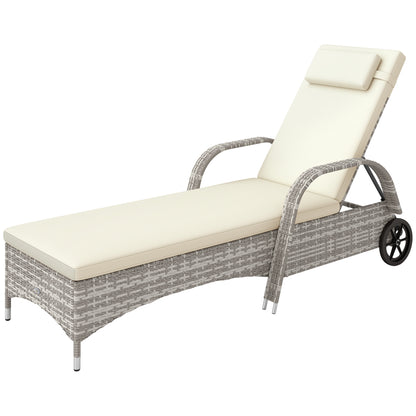 Comfortable Sun Lounger: Mattress, Headrest, Multiple Adjustable Positions, Armrests, Light Gray Resin Wicker Wheels