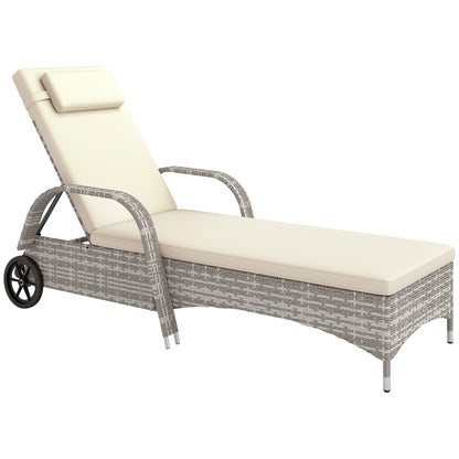 Comfortable Sun Lounger: Mattress, Headrest, Multiple Adjustable Positions, Armrests, Light Gray Resin Wicker Wheels
