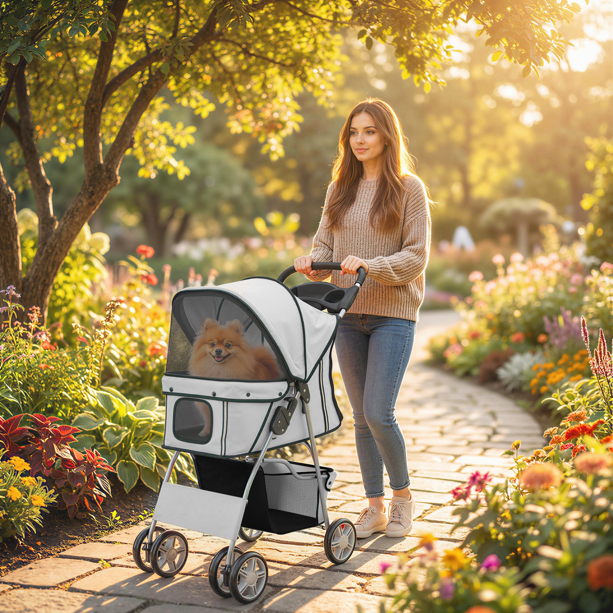Foldable Pet Stroller with Cup Holders & Storage Basket, 600D Oxford Fabric, Steel Frame, 29.5 x 17.7 x 38.2 in – Gray