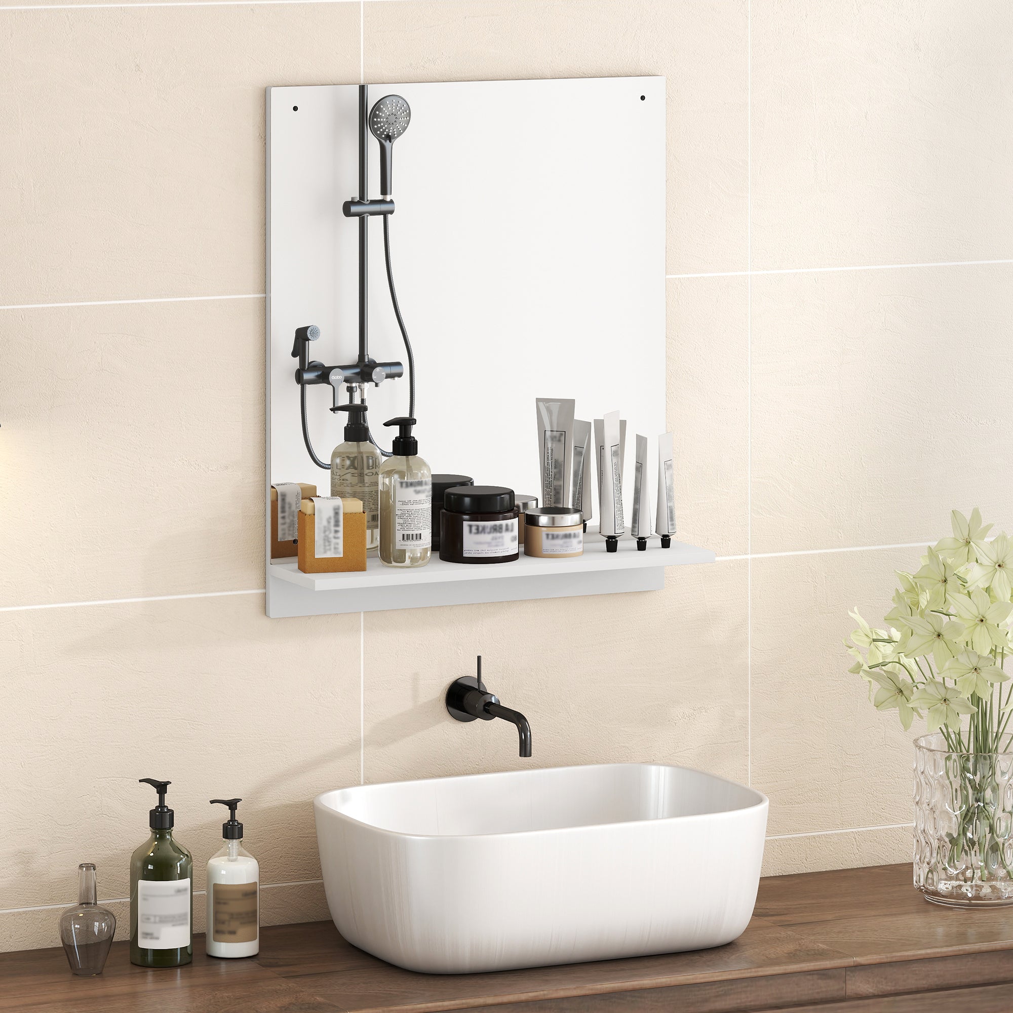 Wall Mirror with Shelf, 19.7 x 23.6 in (50 x 60 cm) — Modern Bathroom & Entryway Mirror, White